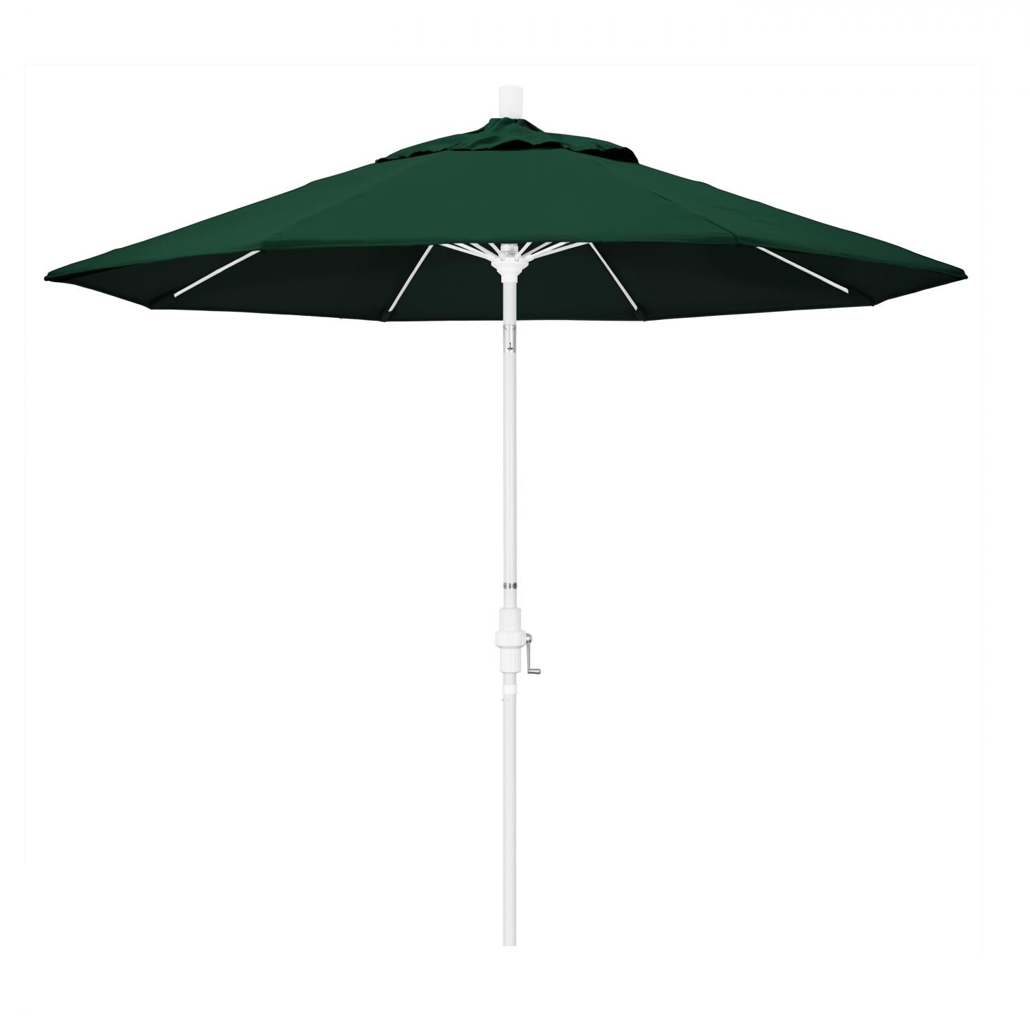 California Umbrella 9 Ft. Octagonal Aluminum Collar Tilt Patio Umbrella W/ Crank Lift & Fiberglass Ribs - Matted White Frame / Sunbrella Canvas Forest Green Canopy