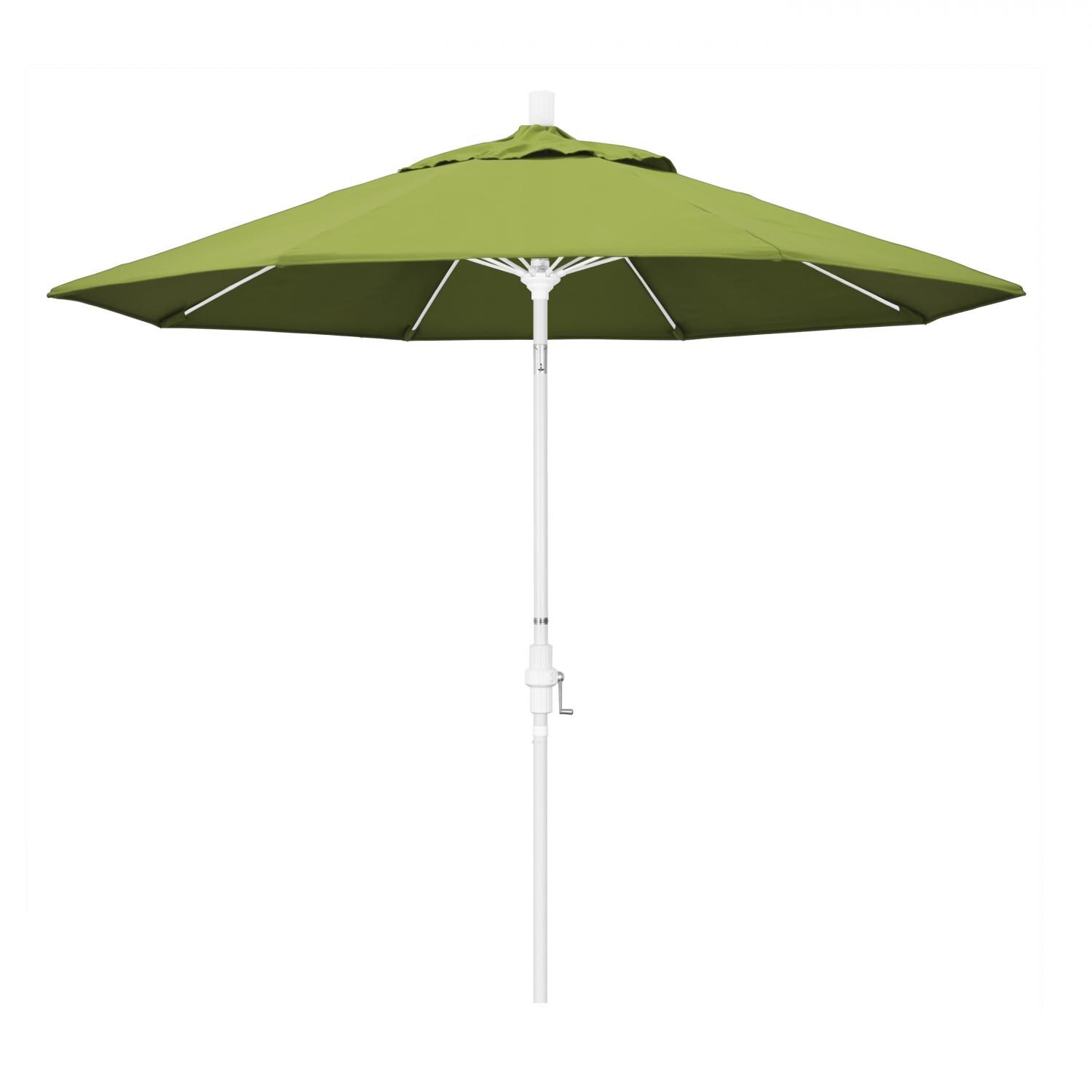 California Umbrella 9 Ft. Octagonal Aluminum Collar Tilt Patio Umbrella W/ Crank Lift & Fiberglass Ribs - Matted White Frame / Sunbrella Canvas Macaw Canopy