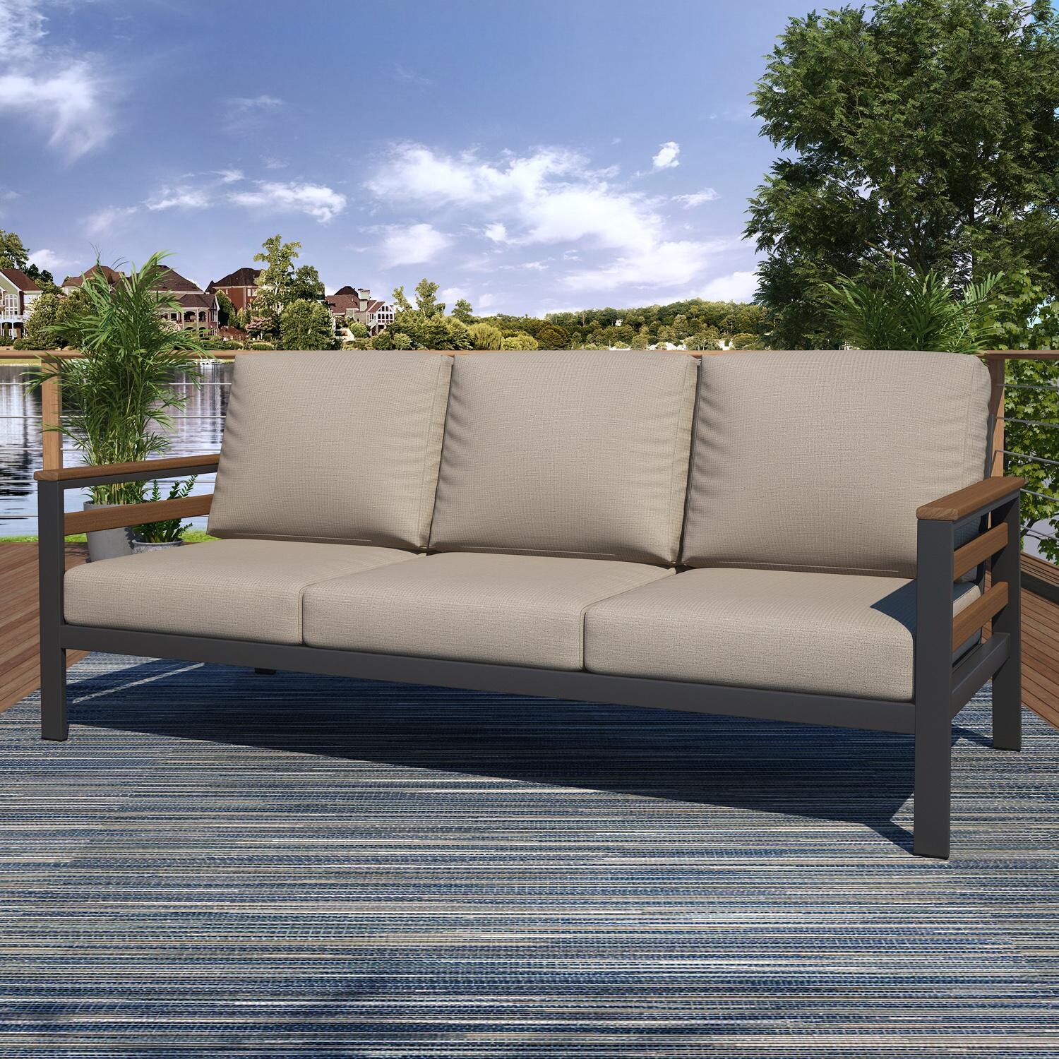 Lakeview NC6400TANGSLAT-9PC-SM Oasis Bay 9 Pc Aluminum Seating Set w/ Slat Side Panels in Brown/Spectrum Mushroom - Sofa - Lifestyle thumbnail