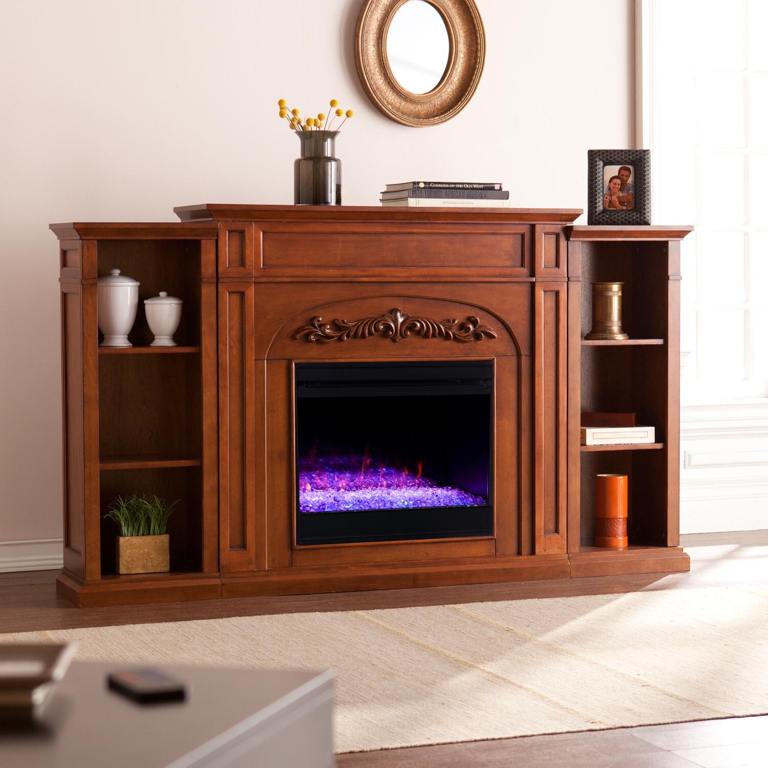 Southern Enterprises FC8532 Chantilly 72-Inch Color Changing Electric Fireplace W/ Bookcases - Autumn Oak thumbnail