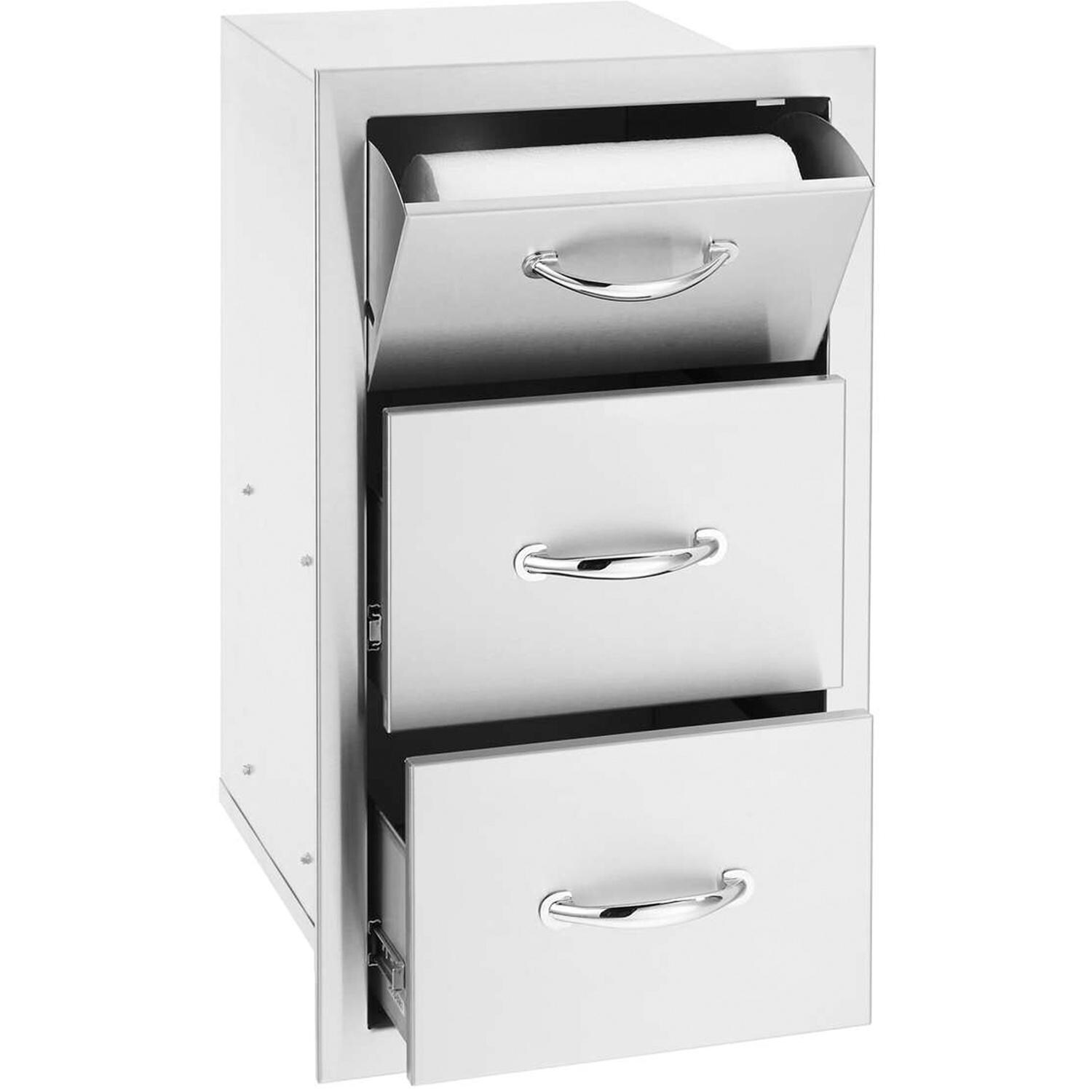 Summerset 15-Inch Stainless Steel Flush Mount Double Access Drawer With Paper Towel Holder - SSTDC-17 - Angled View Open thumbnail