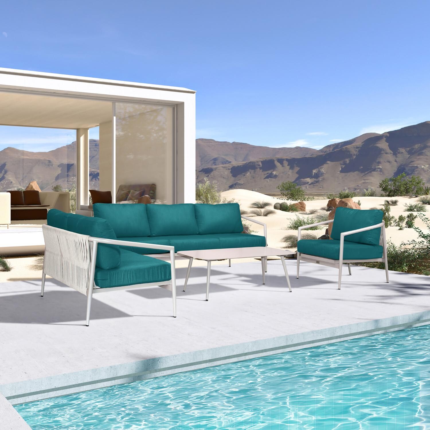 Lakeview Midnight Cove 4 Pc Aluminum Sofa Loveseat Seating Set in Urban Stone/Carrera/Spectrum Peacock - Angled - Lifestyle thumbnail