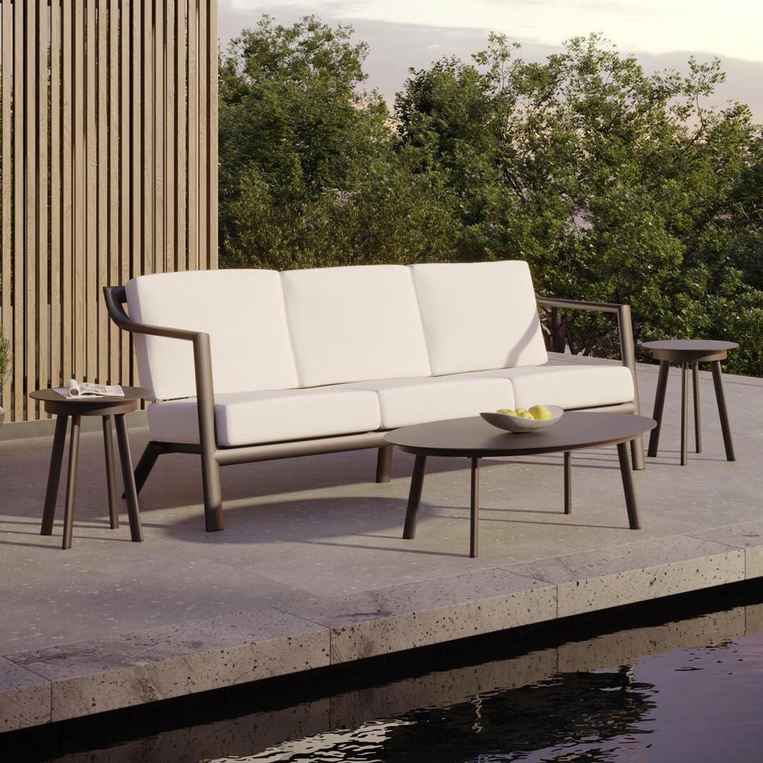 Oxford Garden Markoe 3 Person Aluminum Sofa in Carbon/Bliss Linen - Poolside Zoomed In (Table not included) - Lifestyle thumbnail