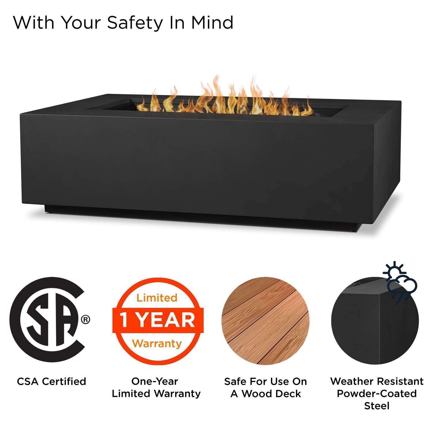 Elysian 50 Inch Rectangular Powder Coated Steel Propane Fire Pit Table in Black by Lakeview Outdoor Designs - Safety thumbnail