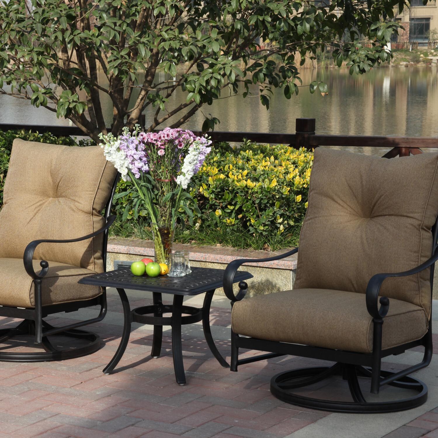 Santa Anita 3 Pc Cast Aluminum Patio Conversation Set W/ 24 Inch Square End Table & Sesame Sunbrella Cushions By Darlee - Back Patio - Lifestyle thumbnail