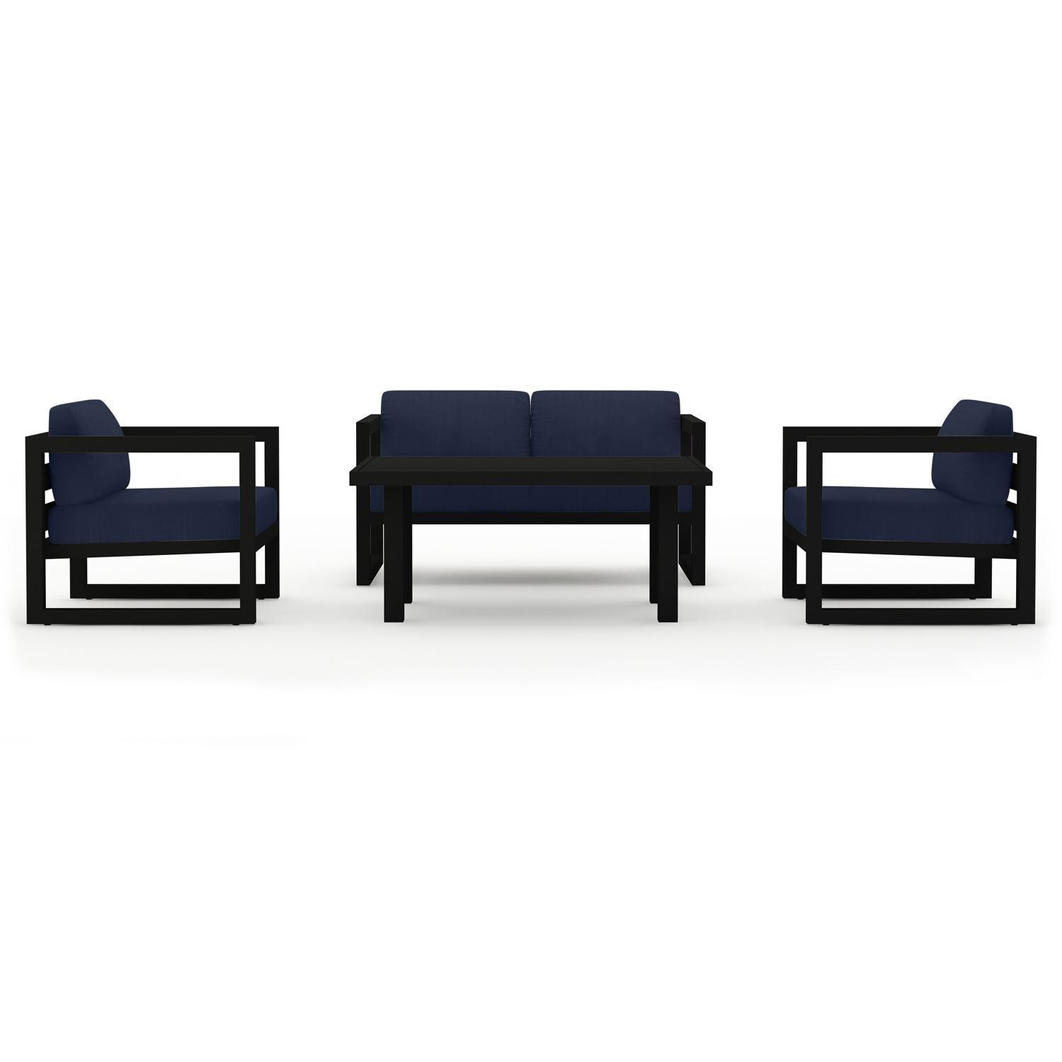 Lakeview MSTYCV-BK-SET114-IN Misty Cove 4 Pc Aluminum Seating Set in Black w/Chat Table & Spectrum Indigo Cushions by Lakeview Outdoor Designs - Set Front View - White Background thumbnail