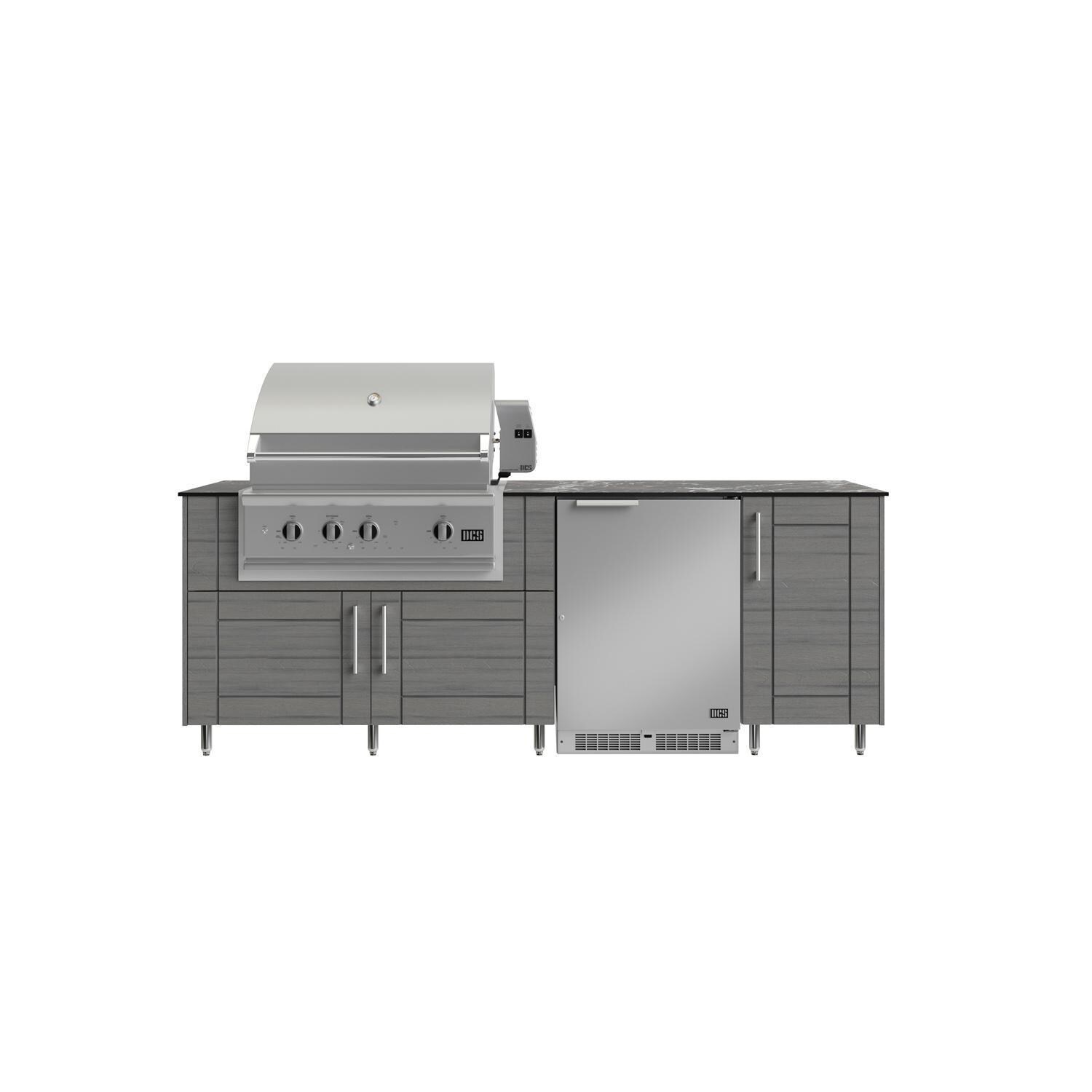 WeatherStrong Bimini 7 1/2 Ft Outdoor Kitchen Island w/ DCS Natural Gas Grill & Refrigerator in Dark Ash/Midnight Ice - Island - White Background thumbnail