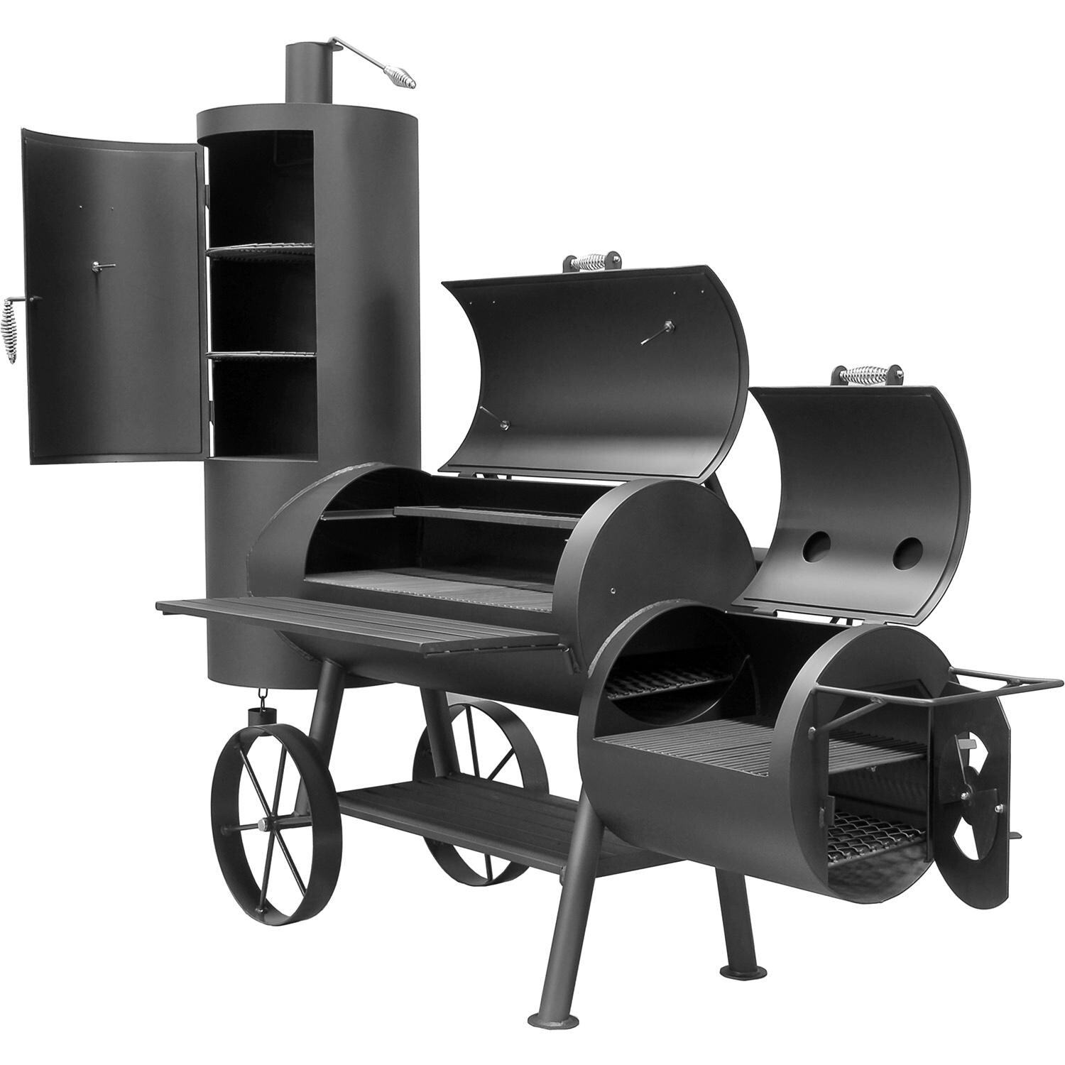 2075 - BBQ Pit Boys Big Ben Offset Charcoal Smoker - Right Side Angled View With Hoods And Vertical Smoker Door Open thumbnail