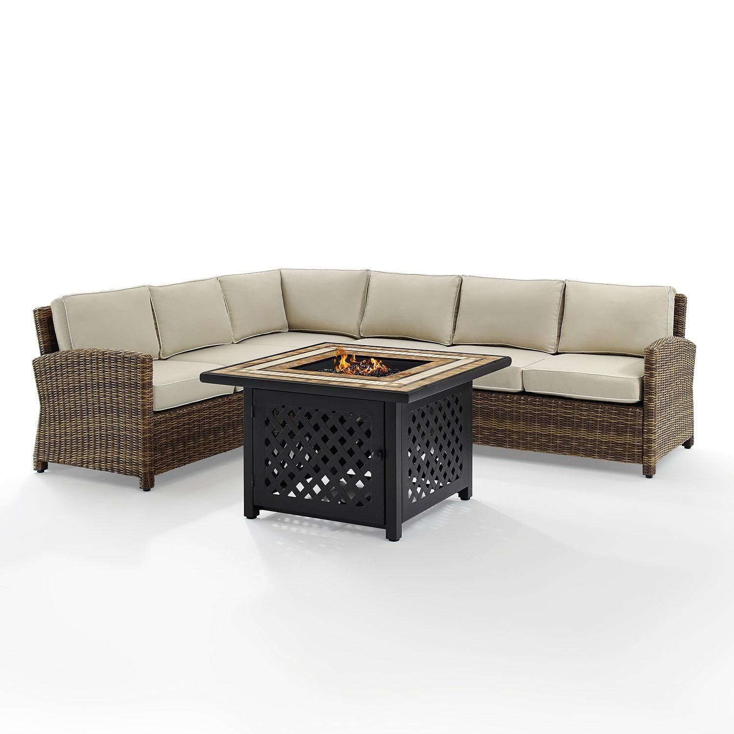 Ultimate Patio UP-92391-SA 5Pc Wicker Outdoor Sectional Set W/ Fire Table in Sand - Front View - White Background thumbnail