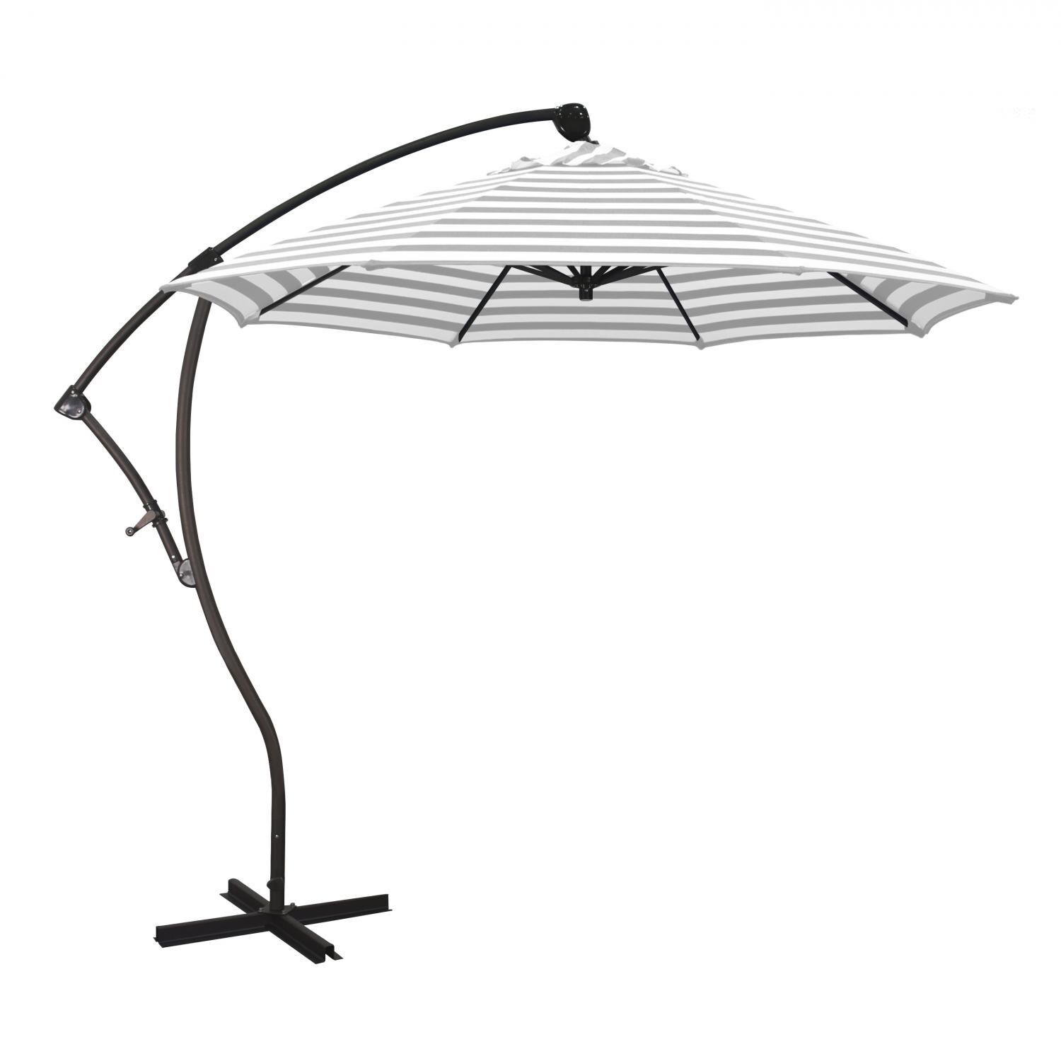 California Umbrella Bayside Series 9 Ft Octagonal Aluminum Cantilever Patio Umbrella W/ Crank Lift - Bronze Frame / Olefin Gray White Cabana Stripe Canopy