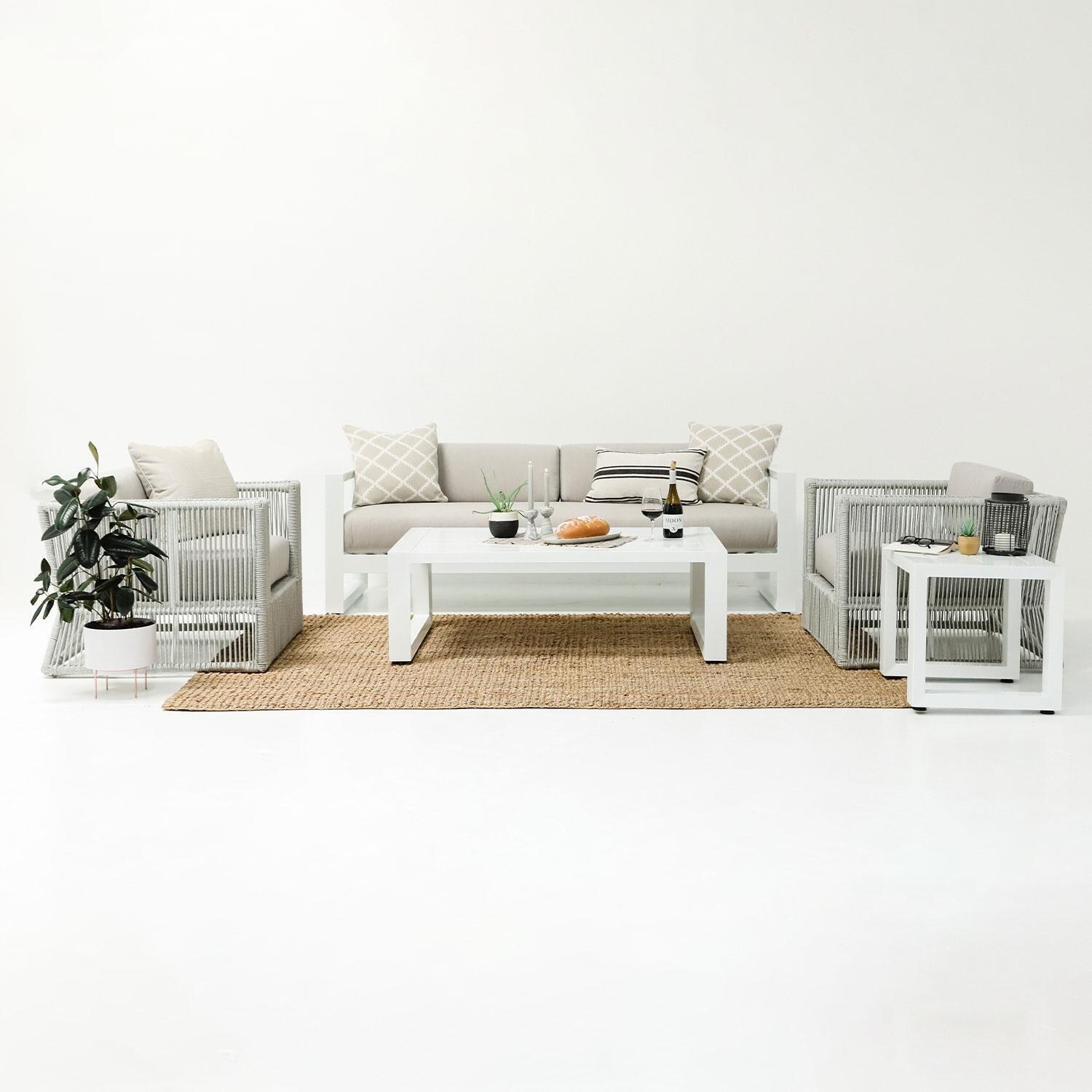 Miami Olefin Rope Patio Sofa in Dupione Celeste w/ Self Welt by Sunset West - Studio Shoot - Styled W/ Outdoor Furniture Shown in Echo Ash Cushion Color - Lifestyle thumbnail