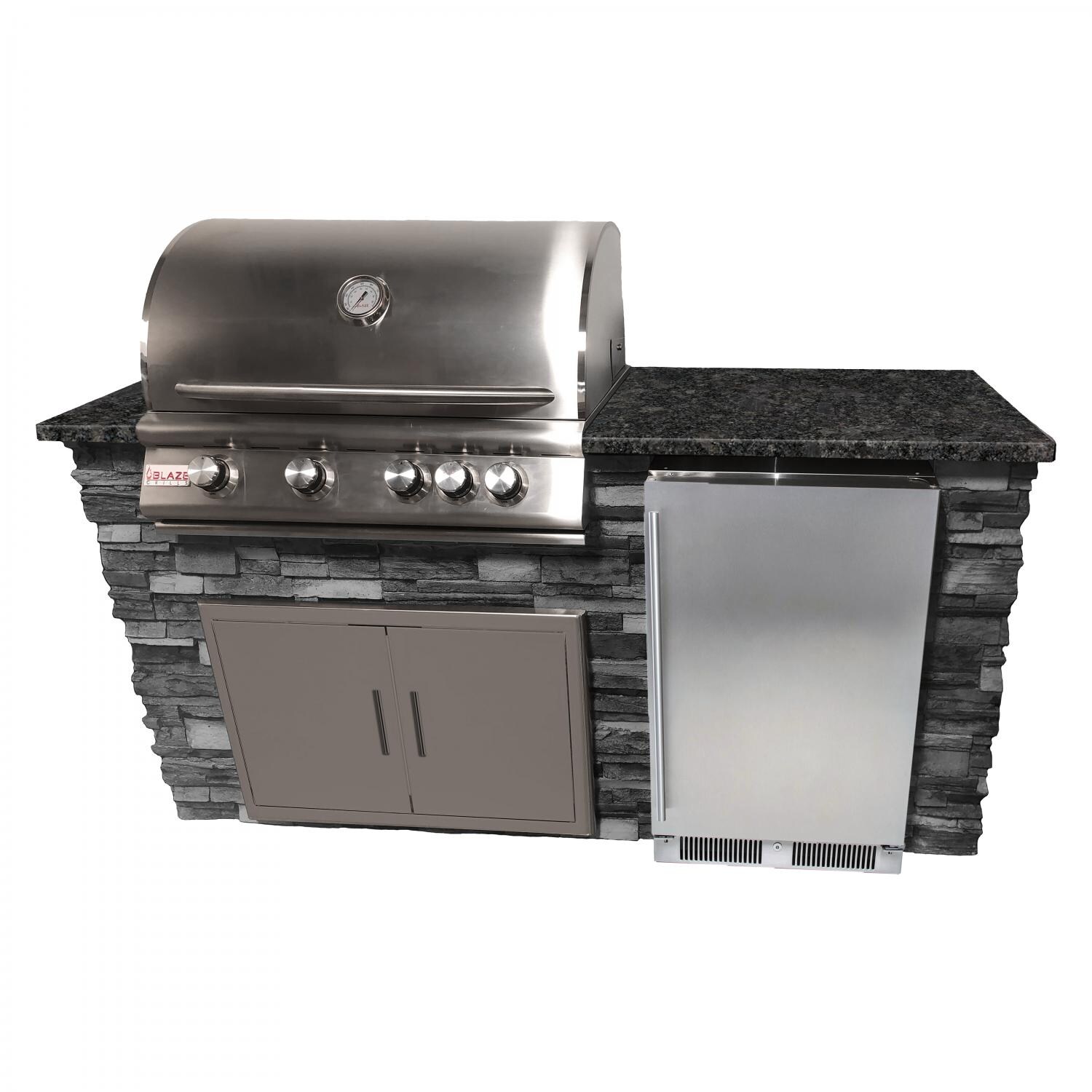 BBQGuys Signature 6-Foot Finished Island Kitchen W/ Blaze Premium LTE 32-Inch Natural Gas Grill & Outdoor Rated Refrigerator - Gray Stacked Stone W/ Steel Gray Polished Granite - 1360004