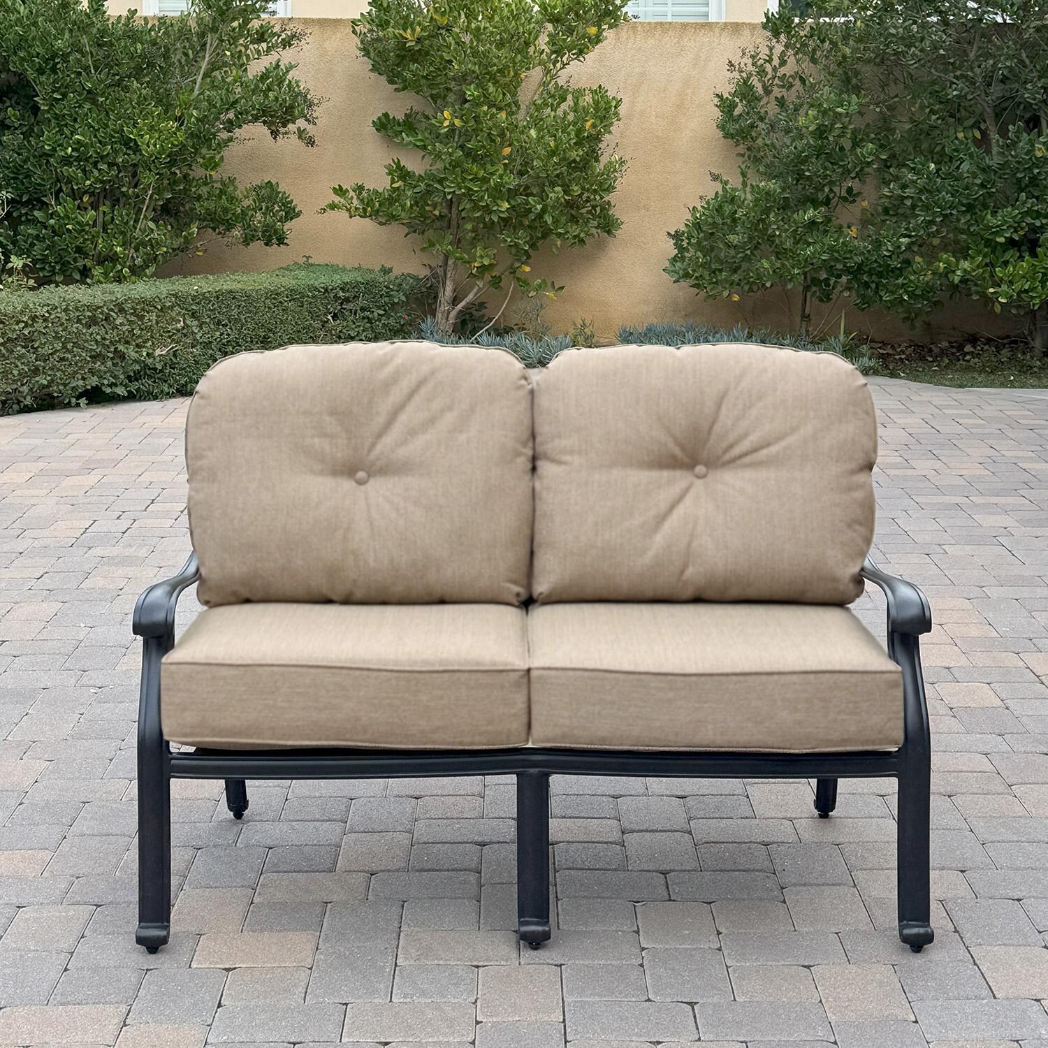 Darlee Elisabeth 6 Pc Cast Aluminum Fire Pit Loveseat Seating Set w/ 47 Inch Table & Throw Pillows in Antique Bronze/Beige - Loveseat - Lifestyle thumbnail