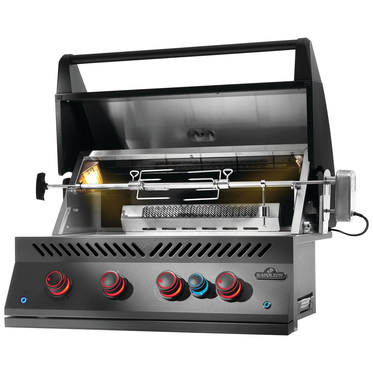 Napoleon BIG32RBPMK-1 700 Series 32-in Built-In Propane Grill w/ Rotisserie & Infrared Rear Burner - Matte Black - Lid Open - Only Interior Lighting On - White Background thumbnail