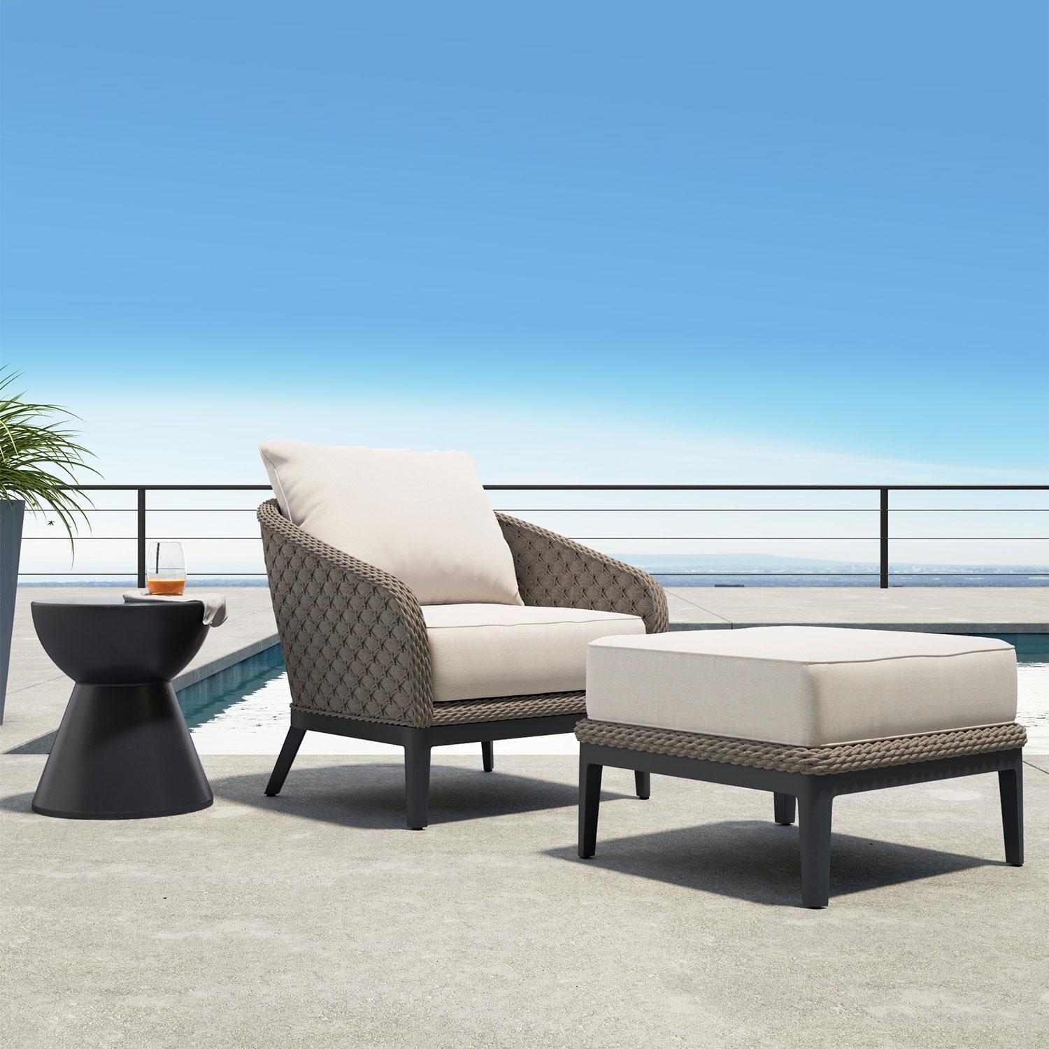 Marbella Marbella Rope & Aluminum Patio Club Chair in Dupione Celeste w/ No Welt by Sunset West - Balcony - Shown in Echo Ash Cushion Color finish (Only Club Chair Included) - Lifestyle thumbnail