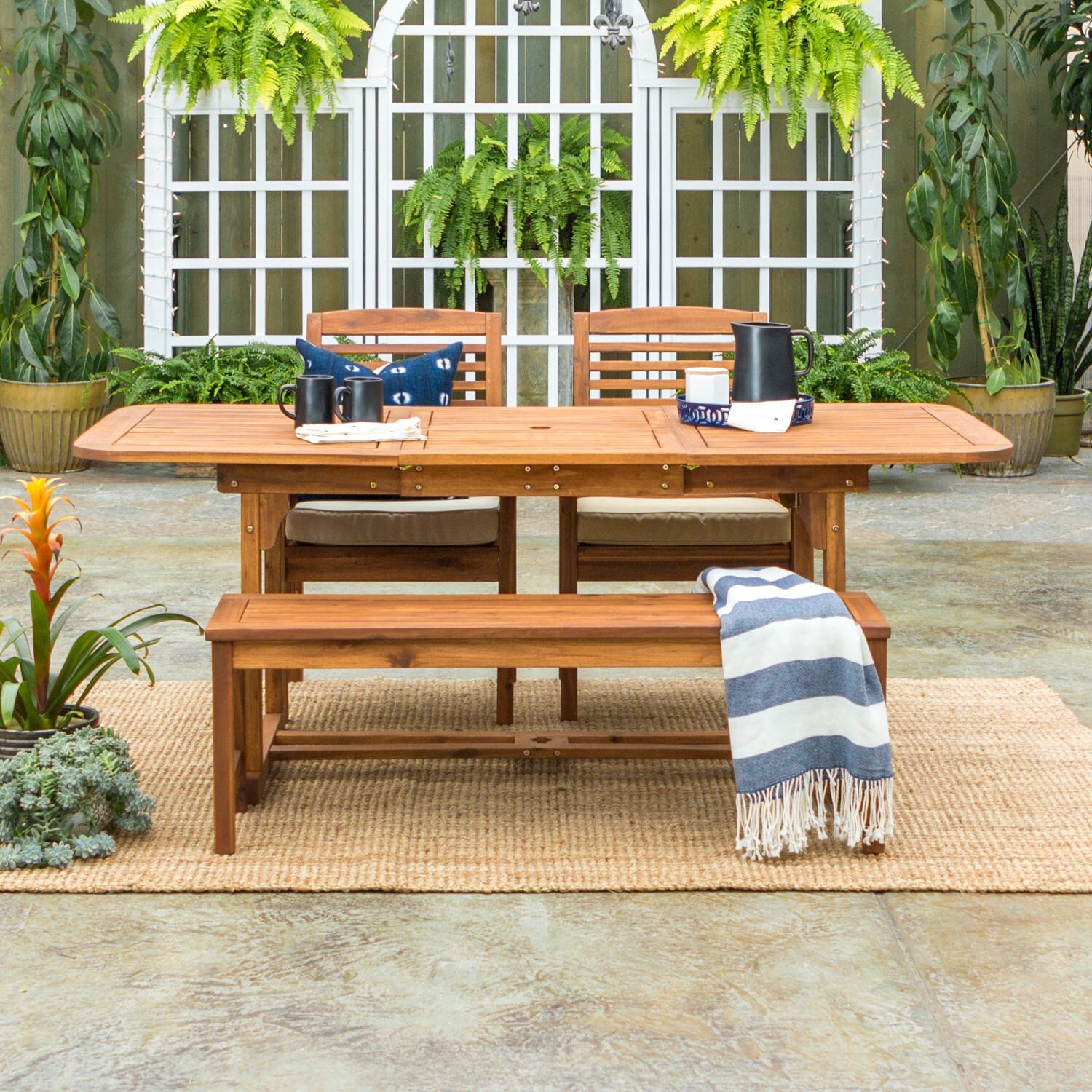 Walker Edison Midland 4 Piece Acacia Patio Dining Set W/ 55-79 X 35 Inch Extension Rectangular Table - Brown image