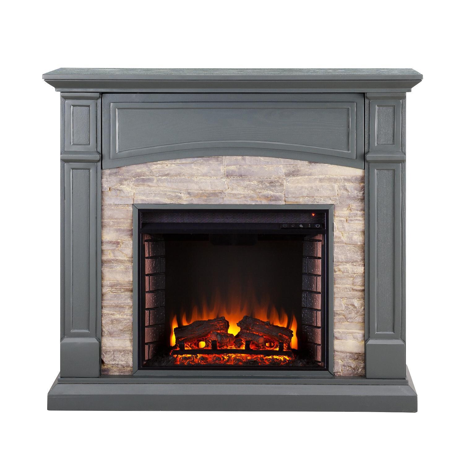 Southern Enterprises Seneca 45-Inch Electric Fireplace Mantel - Cool Slate Gray W/ Weathered Faux Stone - FE9364 - Front View thumbnail