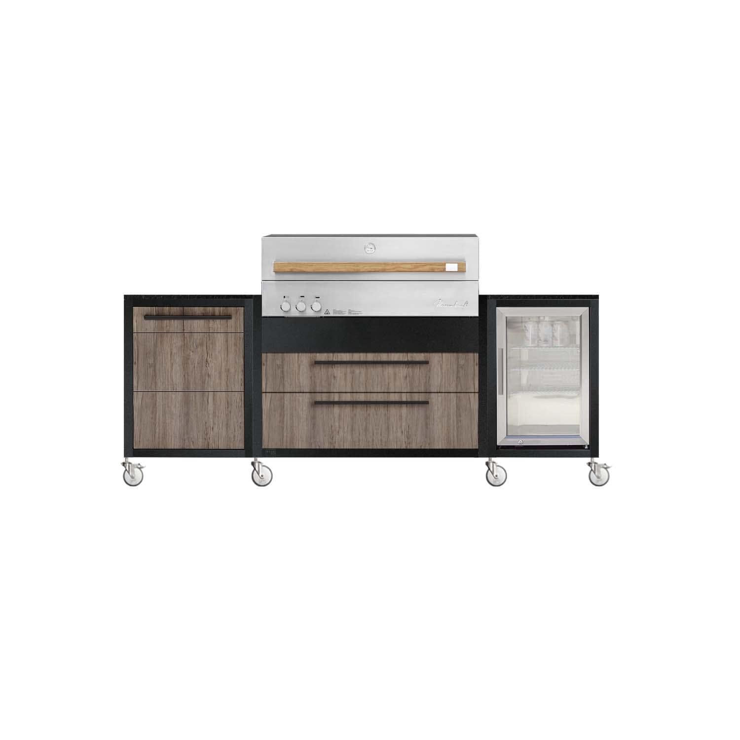 Burnout BBQ Modular Outdoor Kitchen Island on Casters w/ Flammkraft Model D Built-In Grill, Caso 2.2 Cu Ft Refrigerator, and Propane Pullout - Dark Oak