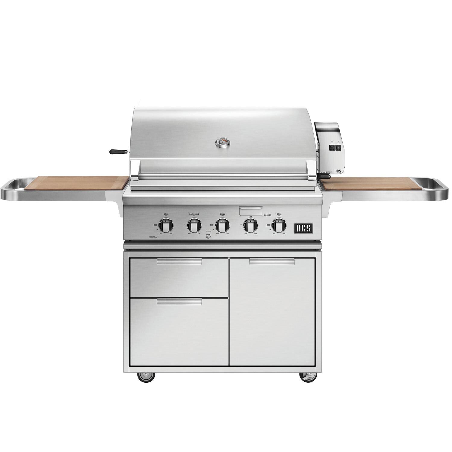 DCS Series 7 36-Inch Natural Gas Grill w/ Rotisserie & Infrared Burner on CAD Cart w/ Cutting Board Side Shelves - BH1-36RI-N