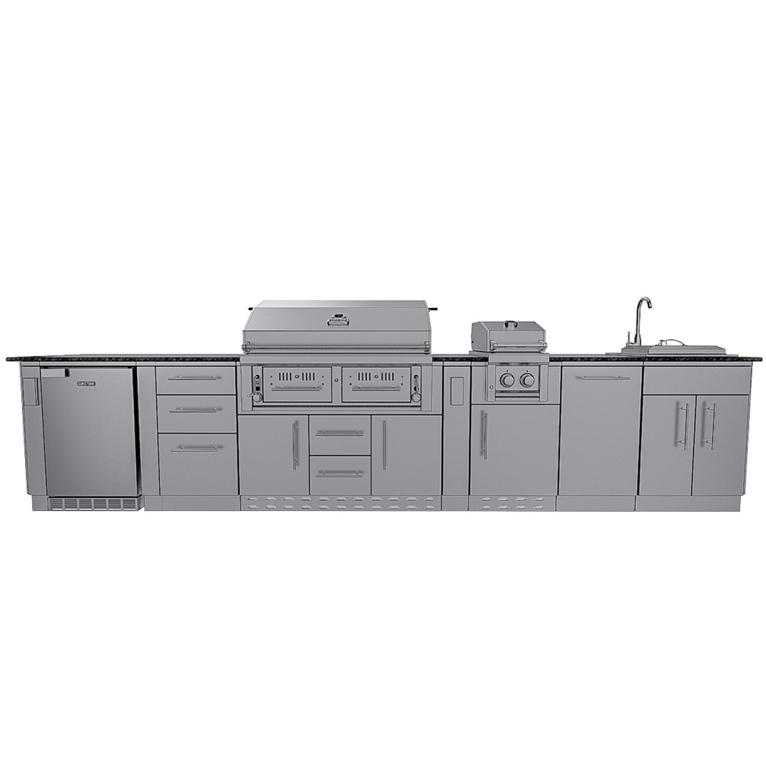 Sunstone Grills SCPDALLAS14-NG Dallas 14 Ft Outdoor Kitchen Island w/ Natural Gas Grill & Side Burner, Sink, Refrigerator, Trash Bin, Door & Drawer - Island - White Background thumbnail