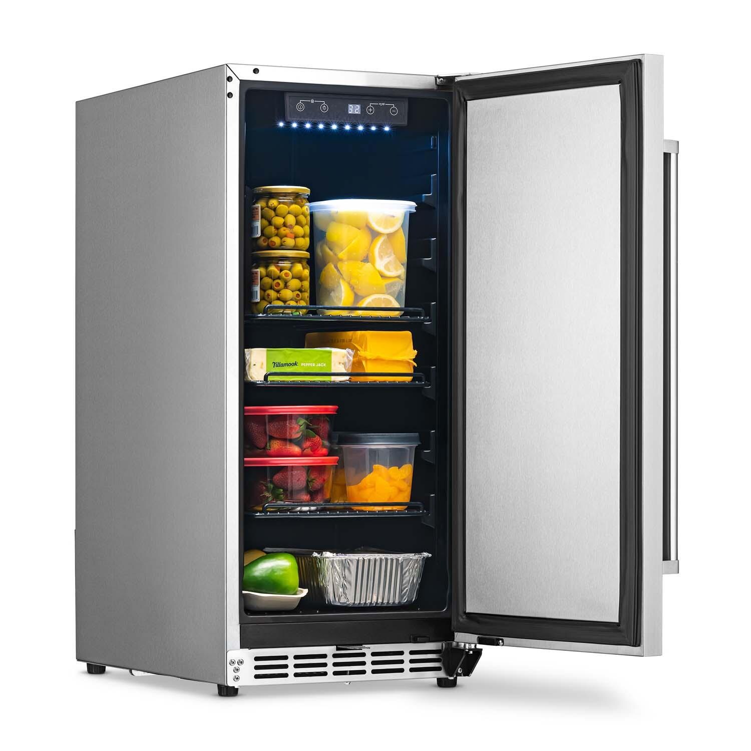 NewAir NCR032SS00 15 Inch 90 Can Right Hinge Commercial Built-in Outdoor Beverage Cooler - Stainless Steel - Door Open w/ Food - White Background thumbnail