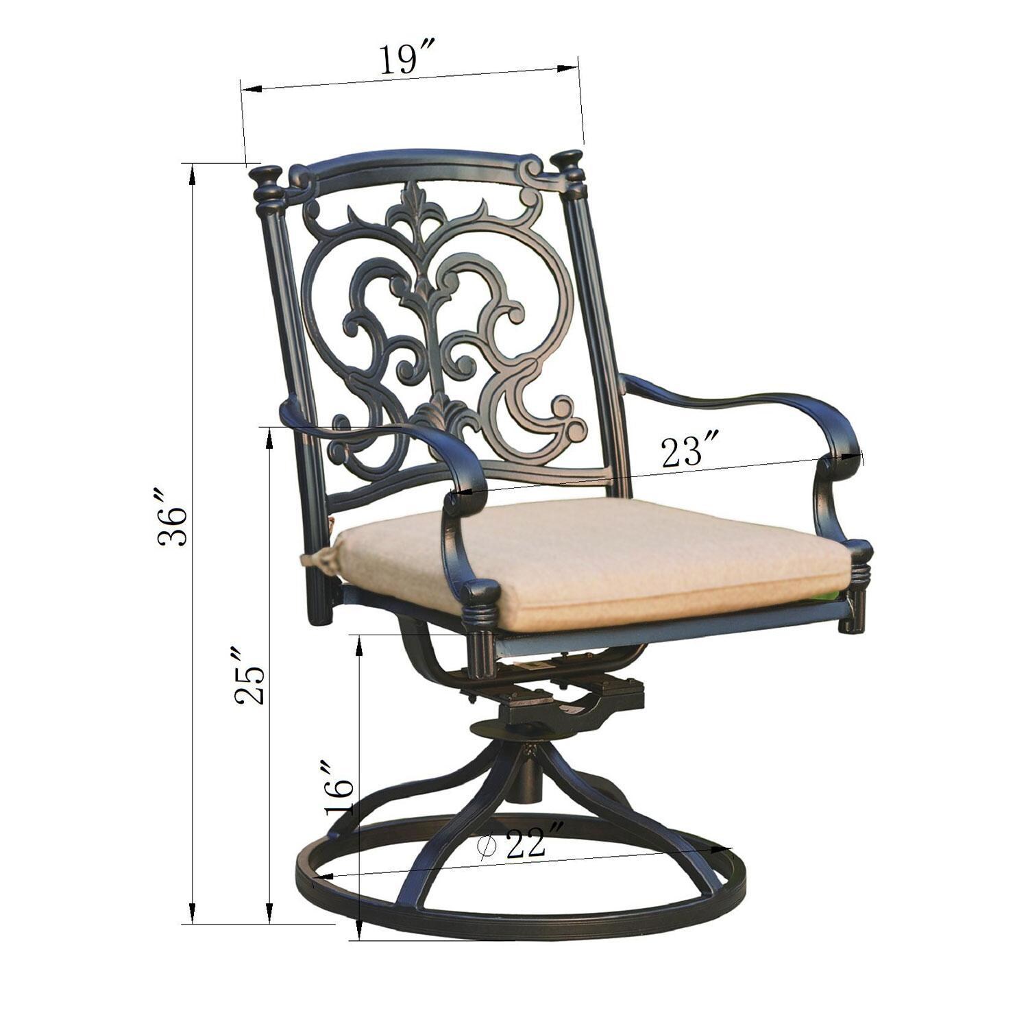 Santa Barbara 7 Pc Cast Aluminum Swivel / Rocker Dining Set in Antique Bronze/Beige Canvas by Darlee - Swivel Rocker - Dimensional thumbnail