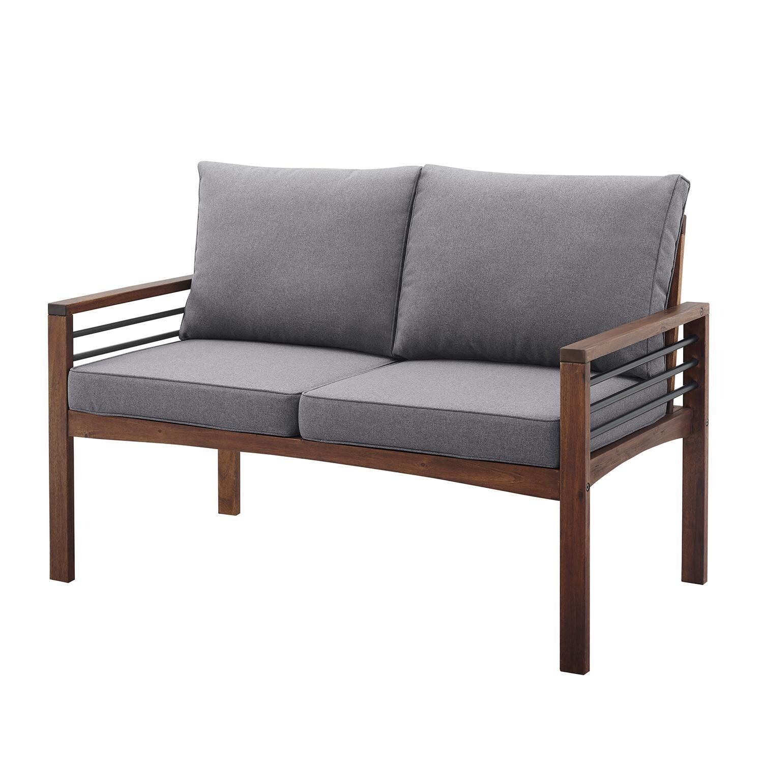 Ultimate Patio Land Bay Acacia & Steel Patio Loveseat W/ Gray Cushions - Dark Brown - Right Side Angled View thumbnail