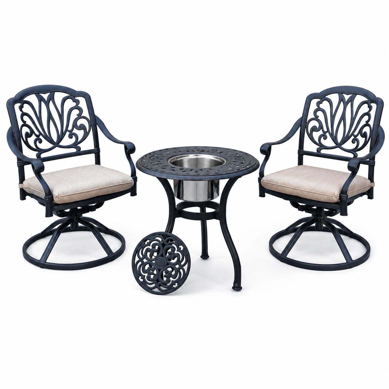 Darlee Elisabeth 3 Pc Cast Aluminum Bistro Set w/ 24 Inch Series 60 Ice Bucket End Table & in Antique Bronze/Beige Canvas - Set - White Background thumbnail