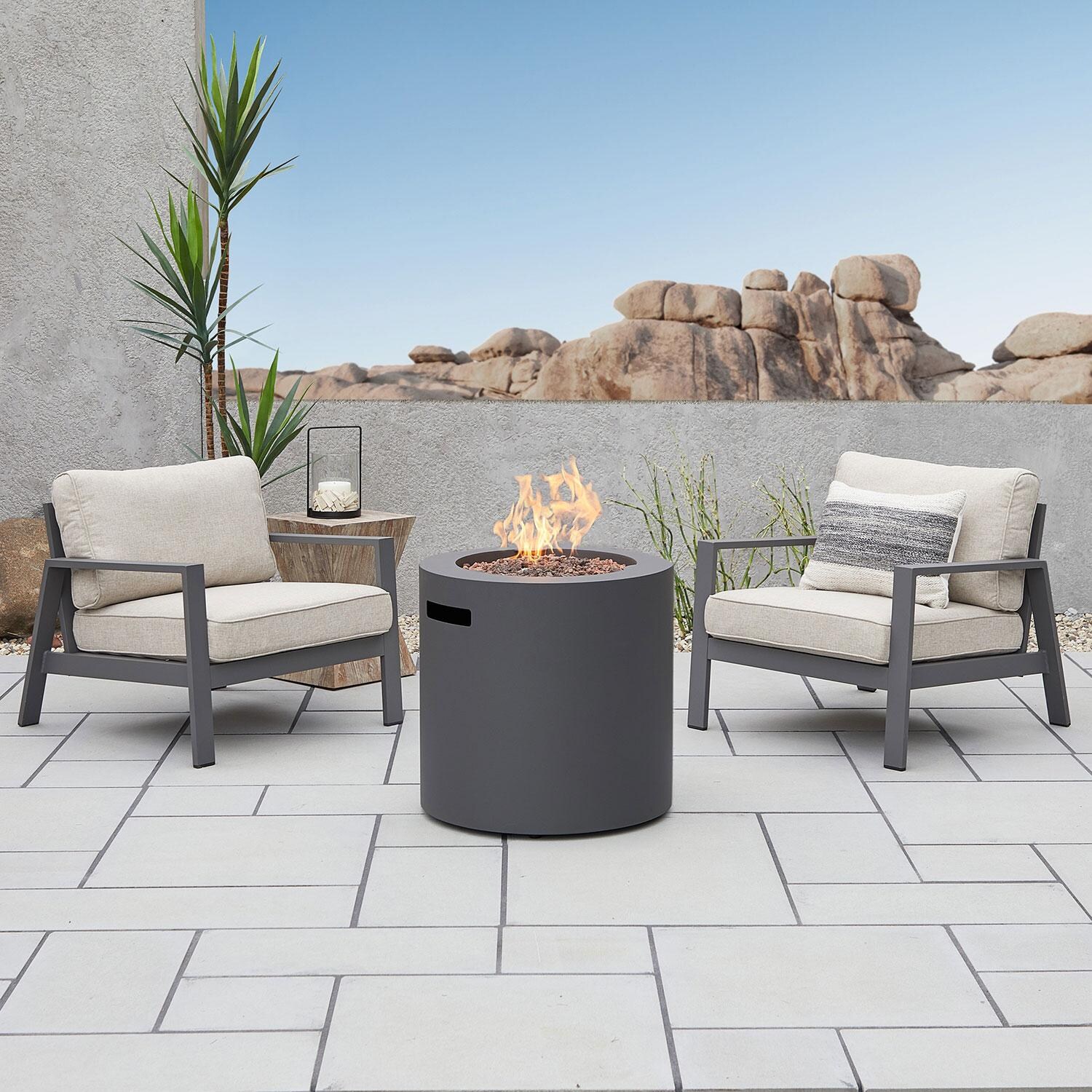 Elysian 3 Pc Powder Coated Steel Seating Set w/ 24 Inch Round Fire Pit in Weathered Slate by Lakeview Outdoor Designs
