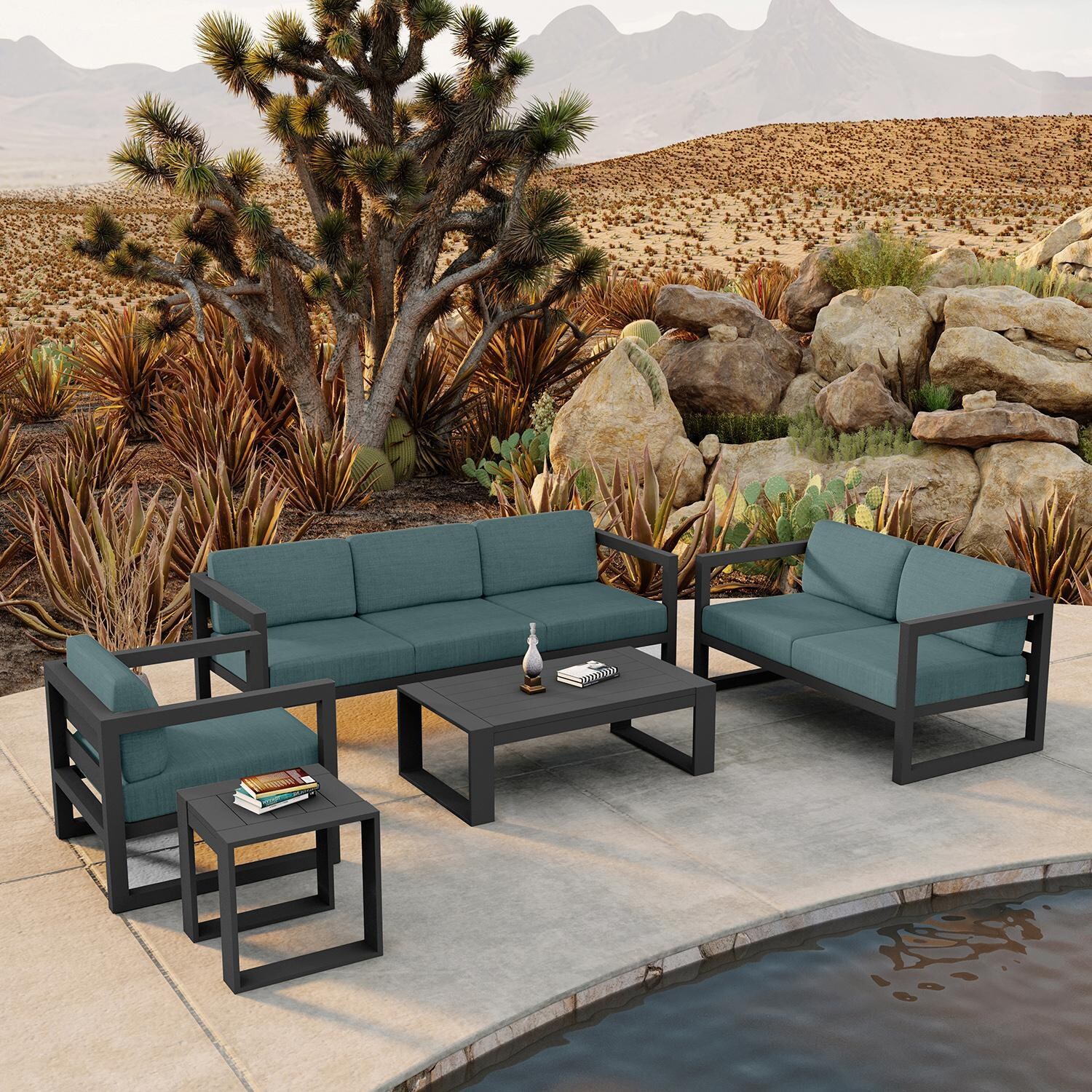 Misty Cove 5 Pc Aluminum Seating Set w/ Sofa in Slate/Cast Lagoon by Lakeview Outdoor Designs