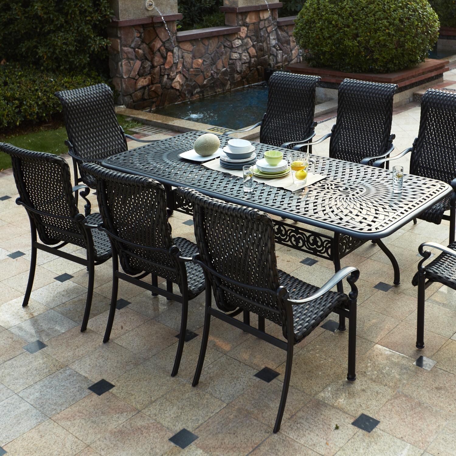 Darlee 501210-9PC-60XLD Victoria 9 Piece Resin Wicker Patio Dining Arm Chair Set W/ 92 X 42 Inch Rectangular Table thumbnail