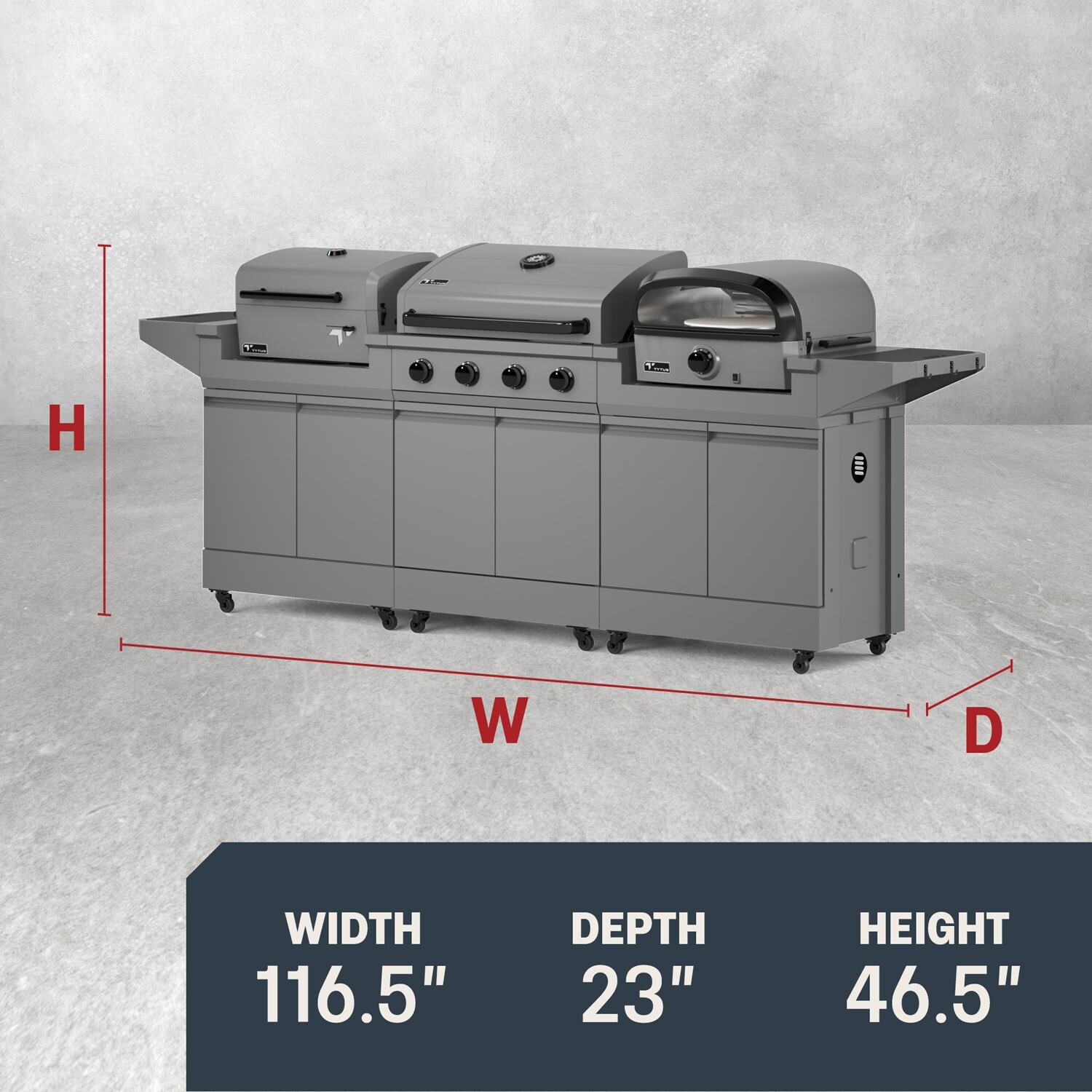 TYTUS TDT-BUN-065 Modular Trio w/ 4-Burner Gas Grill, Charcoal Grill & Gas Pizza Oven - Dimensions - Dimensional thumbnail