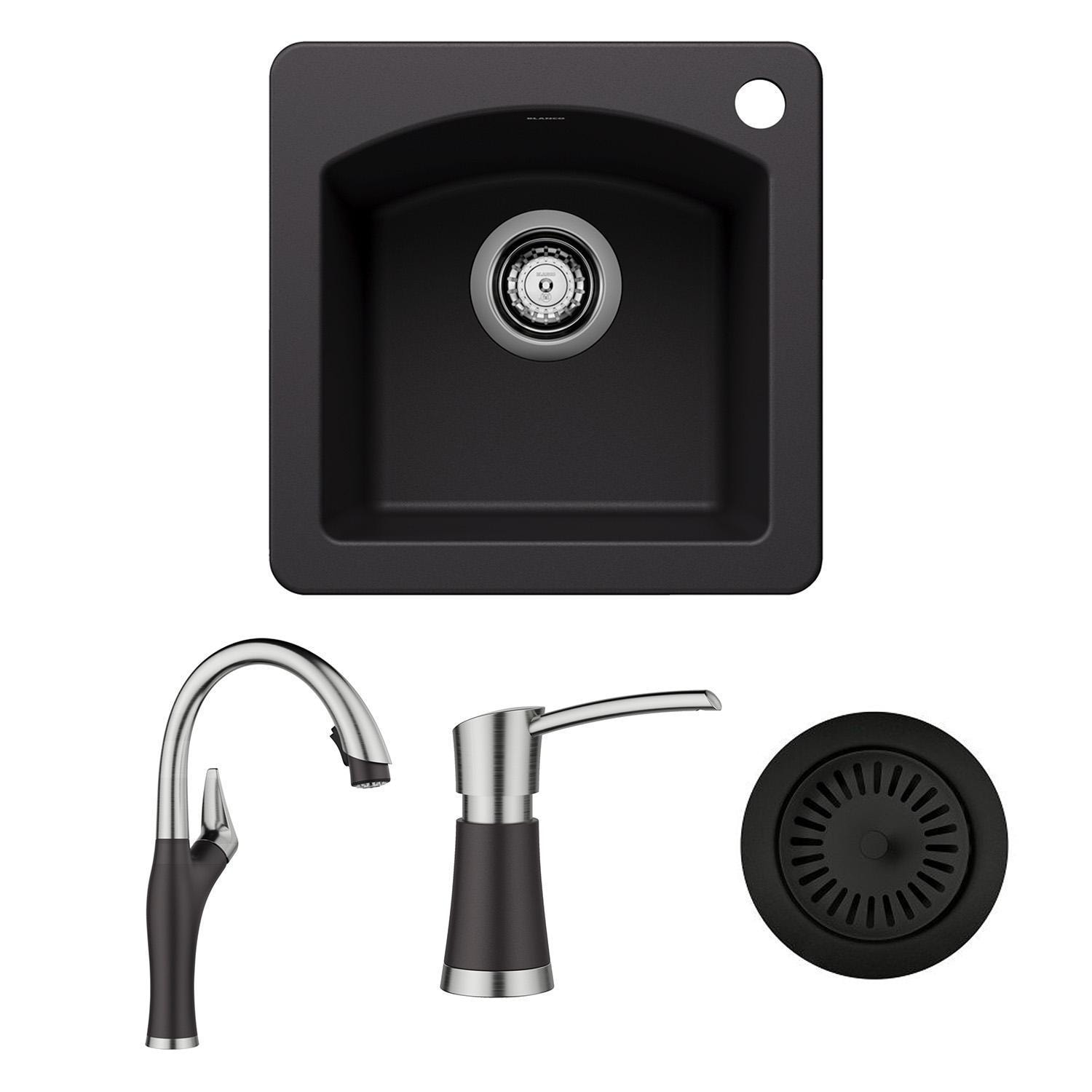 Blanco 442915 + 526401 + 240327 + 442902 Diamond Silgranit 15 X 15 Drop-in/Undermount Bar Sink (Coal Black)w/ Blanco - Artona Pull-Down Dual Spray (Coal Black), Soap Dispenser and Matching Strainer - Bundle - White Background thumbnail