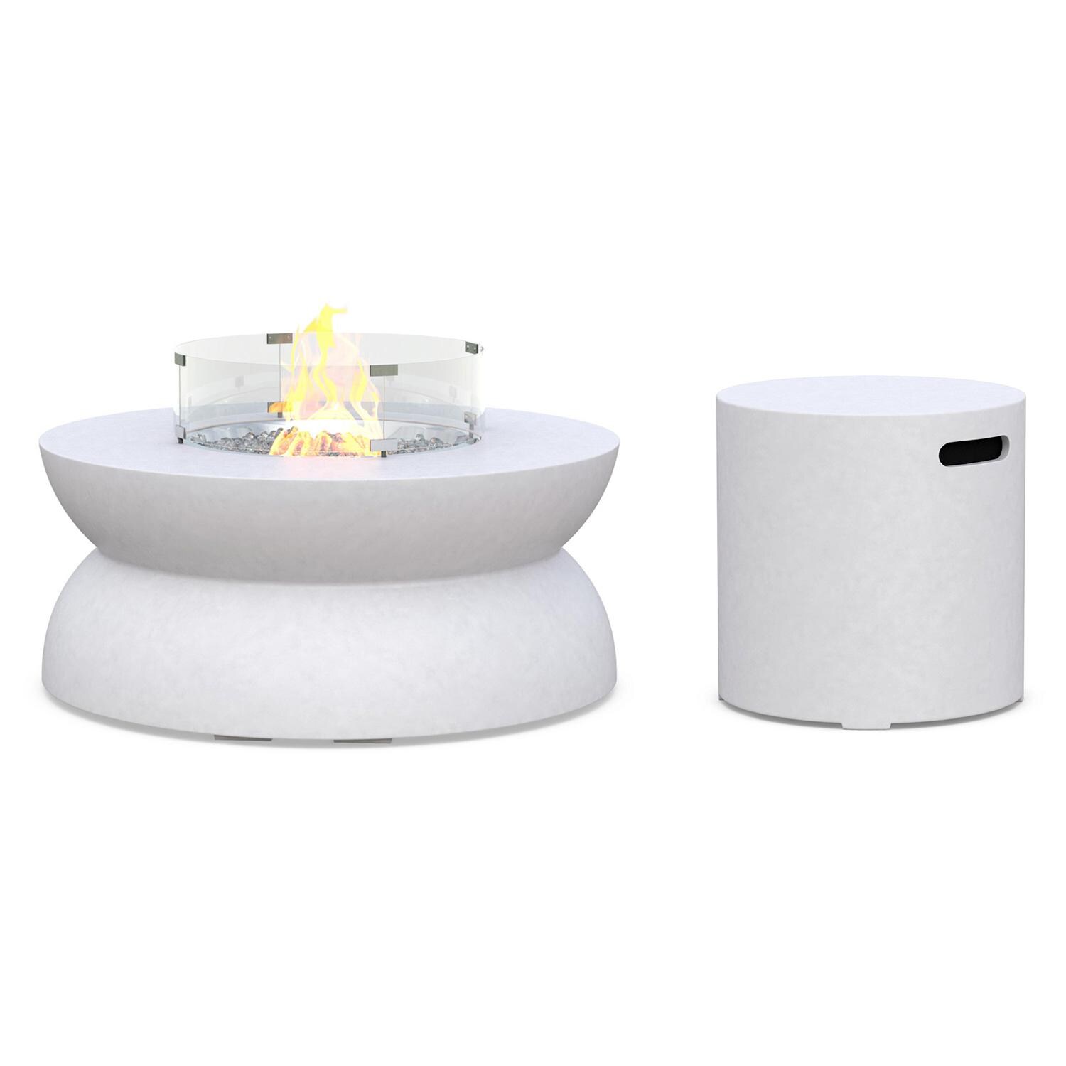 Cabo 41 Inch Round GFRC Propane Fire Pit Table in White by Azzurro Living