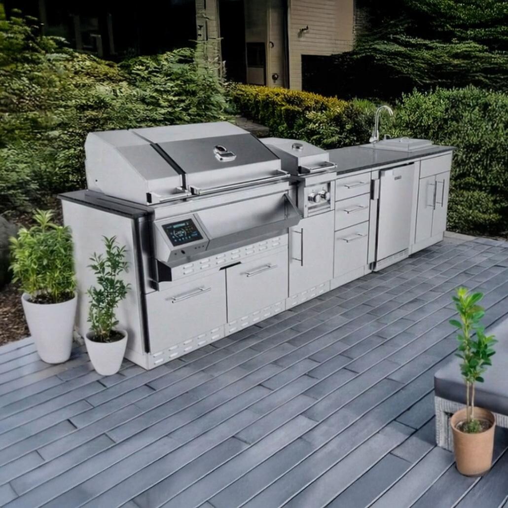 Sunstone Grills SCPCYPRESS11.6-LP Cypress 11 1/2 Ft Outdoor Kitchen Island w/ Propane Grill & Side Burner, Sink, Refrigerator, Door & Drawer - Angle On Patio - Lifestyle thumbnail