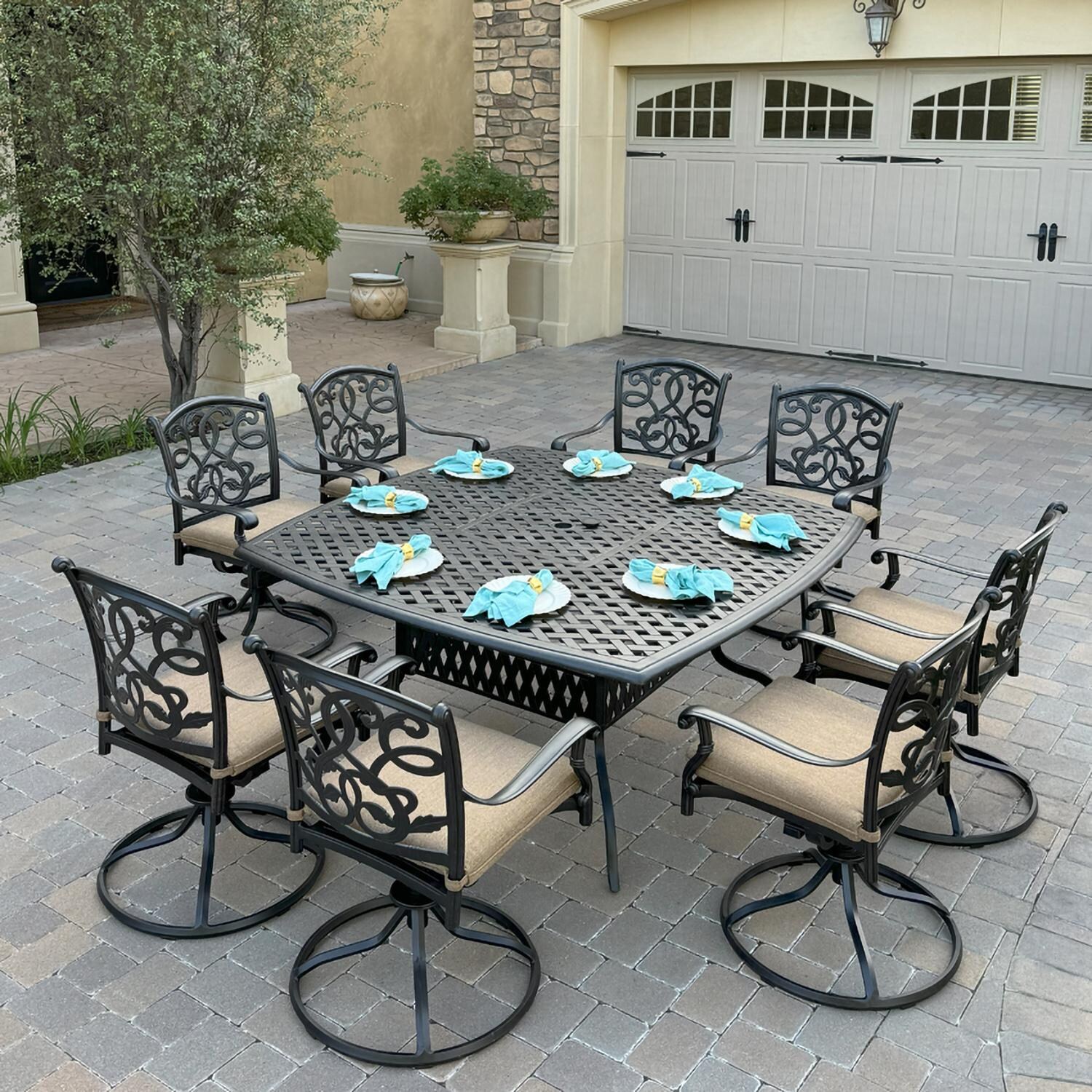 Darlee B/DL2052-9PCAR-30W Santa Monica 9 Pc Cast Aluminum Swivel Rocker Dining Set in Antique Bronze - Set - Lifestyle thumbnail