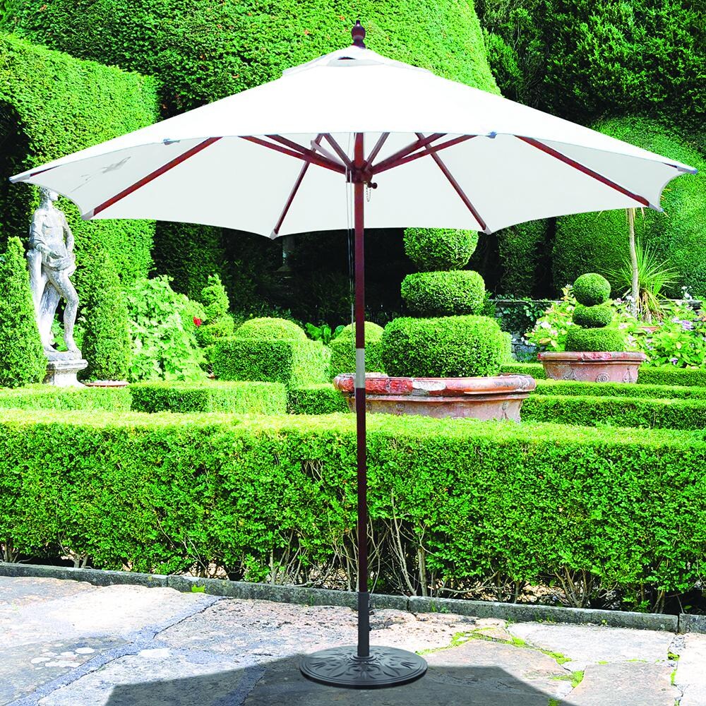 Galtech 9 Ft. Octagonal Patio Umbrella W/ Pulley Lift - Lifestyle View - Shown In Dark Finish W/ Natural Sunbrella Fabric (Umbrella Base Not Included) thumbnail