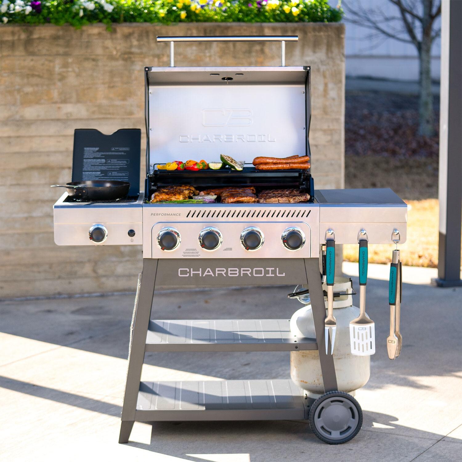 Charbroil 463349025 Performance Series 4-Burner Propane Grill A-Frame Cart - Grey & Stainless Steel - Lifestyle thumbnail