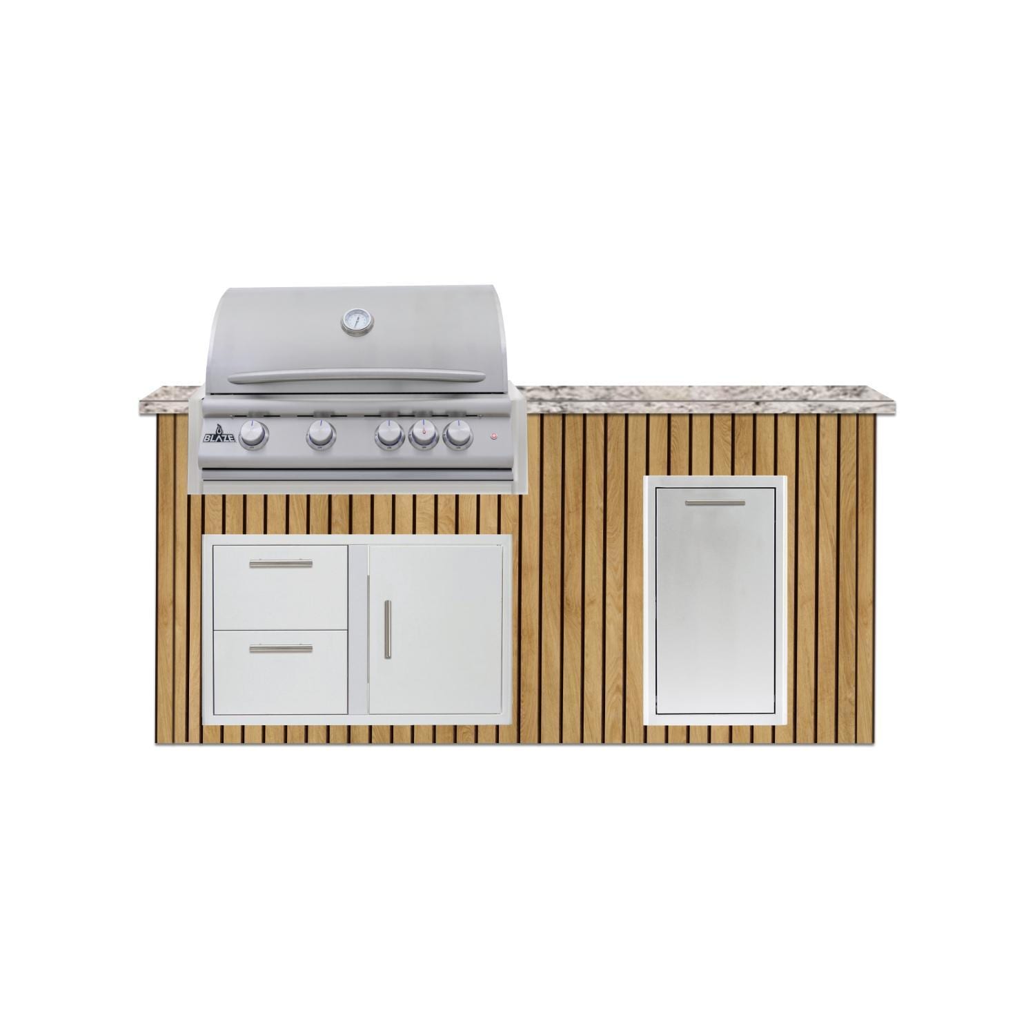 BBQGuys Signature 6-Foot Outdoor Kitchen Island w/ 32-in Blaze LTE+ Natural Gas Grill & Narrow Trash Bin | Sun Bleached Oak | White Valley Granite by