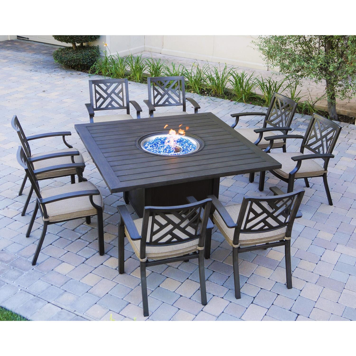 Darlee Brooklyn 9 Piece Aluminum Patio Dining Set W/ 60-Inch Square Propane Fire Pit Dining Table & Sesame Cushions - Wide Angle thumbnail