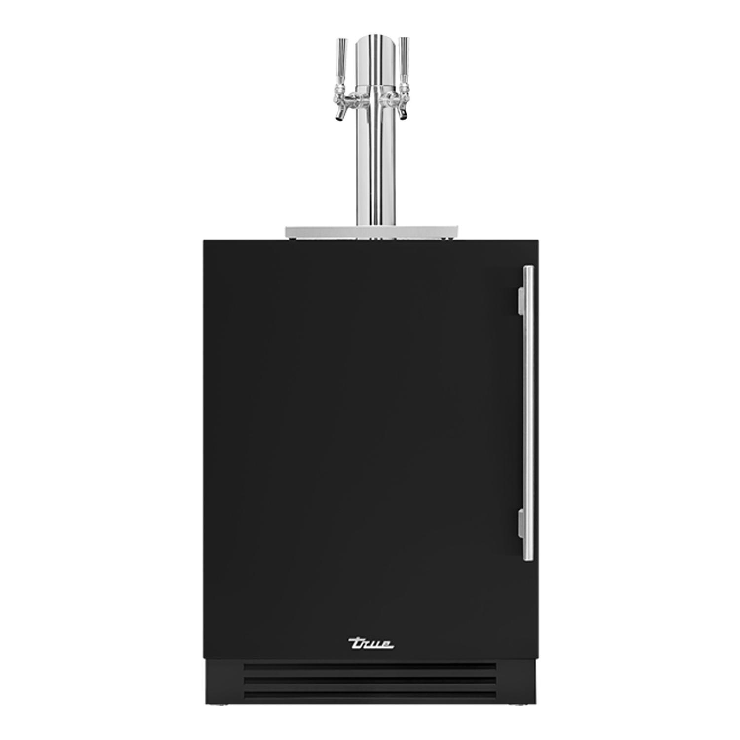 True TUR-24DD-L-OP-C~DSK-027-H04 24 Inch Left Hinge Outdoor Dual Tap Beverage Dispenser - Matte Black w/ Stainless Handle - White Background thumbnail