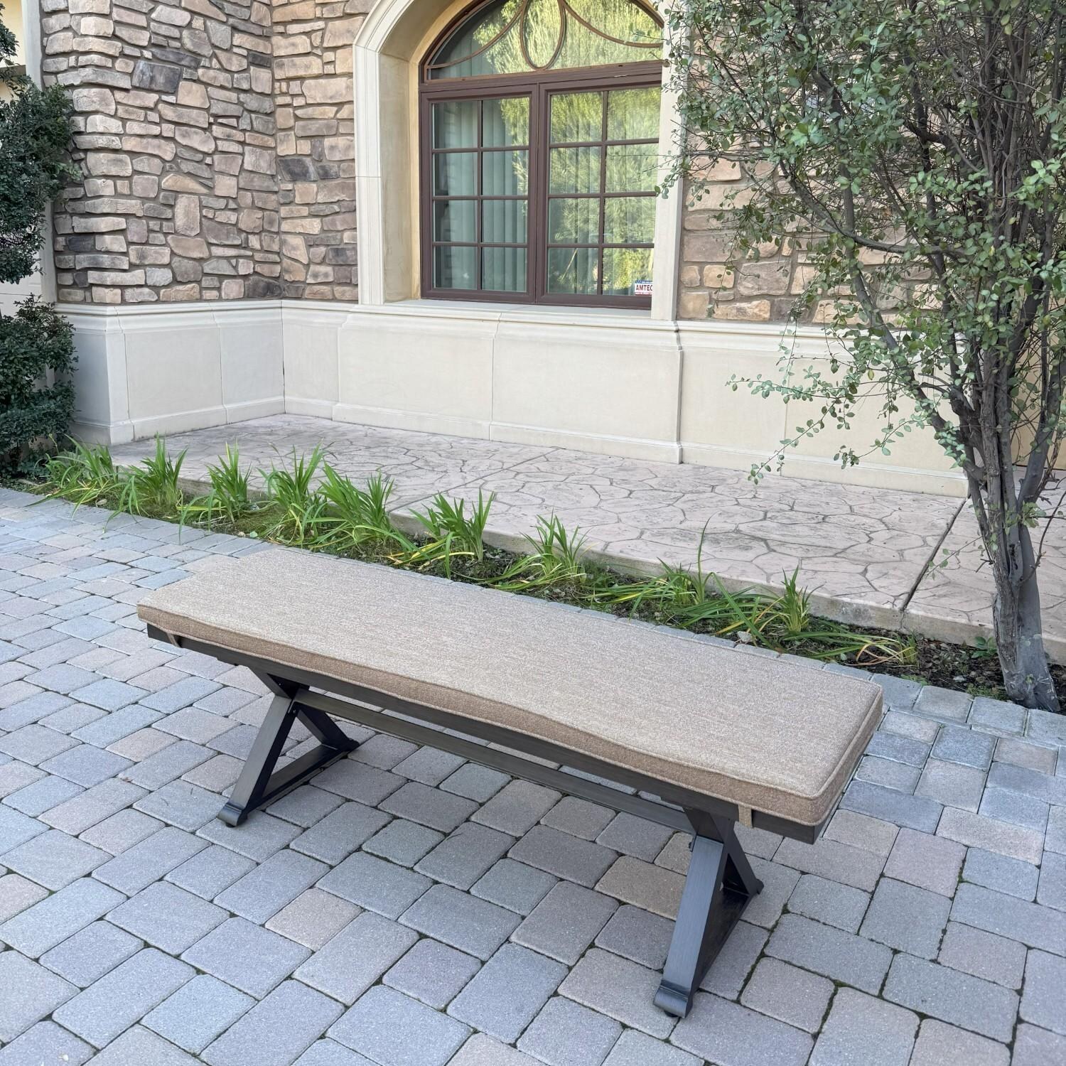 Brooklyn 5 Pc Aluminum Dining Set w/ 88 X 59 Inch Table in Sesame/Multi-brown by Darlee - Bench w/ Cushion - Lifestyle thumbnail