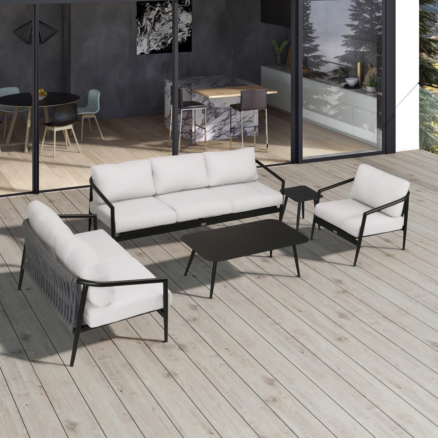 Lakeview Midnight Cove 5 Pc Aluminum Sofa Seating Set in Black/Carbon/Canvas Natural - Top - Lifestyle thumbnail