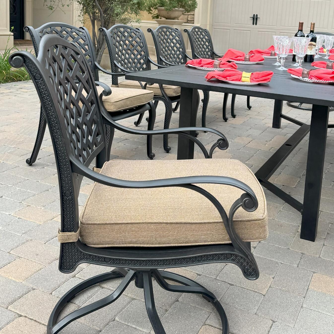 Darlee B/DL13-11PCDR-2350LE-S Nassau 11 Pc Cast Aluminum Dining Set w/ Rocker in Antique Bronze w/ Sesame Cushions - Chair Angle - Lifestyle thumbnail