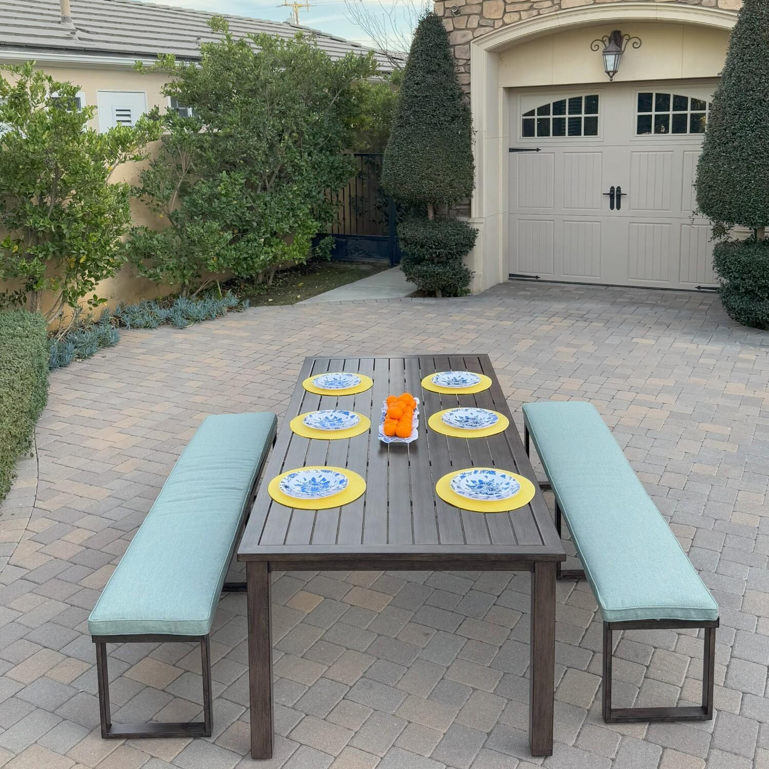 Atlantis 3 Pc Aluminum Dining Set w/ 2 Three Person Benches in Walnut/Spa by Darlee - Hero - Lifestyle thumbnail