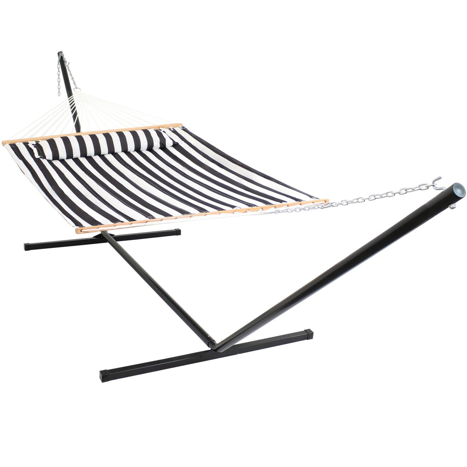 Sunnydaze Decor Quilted Double Hammock w/ 15-Foot Steel Beam Stand & Pillow - Black Stripe - LY-QFH-BLK-COMBO15 image