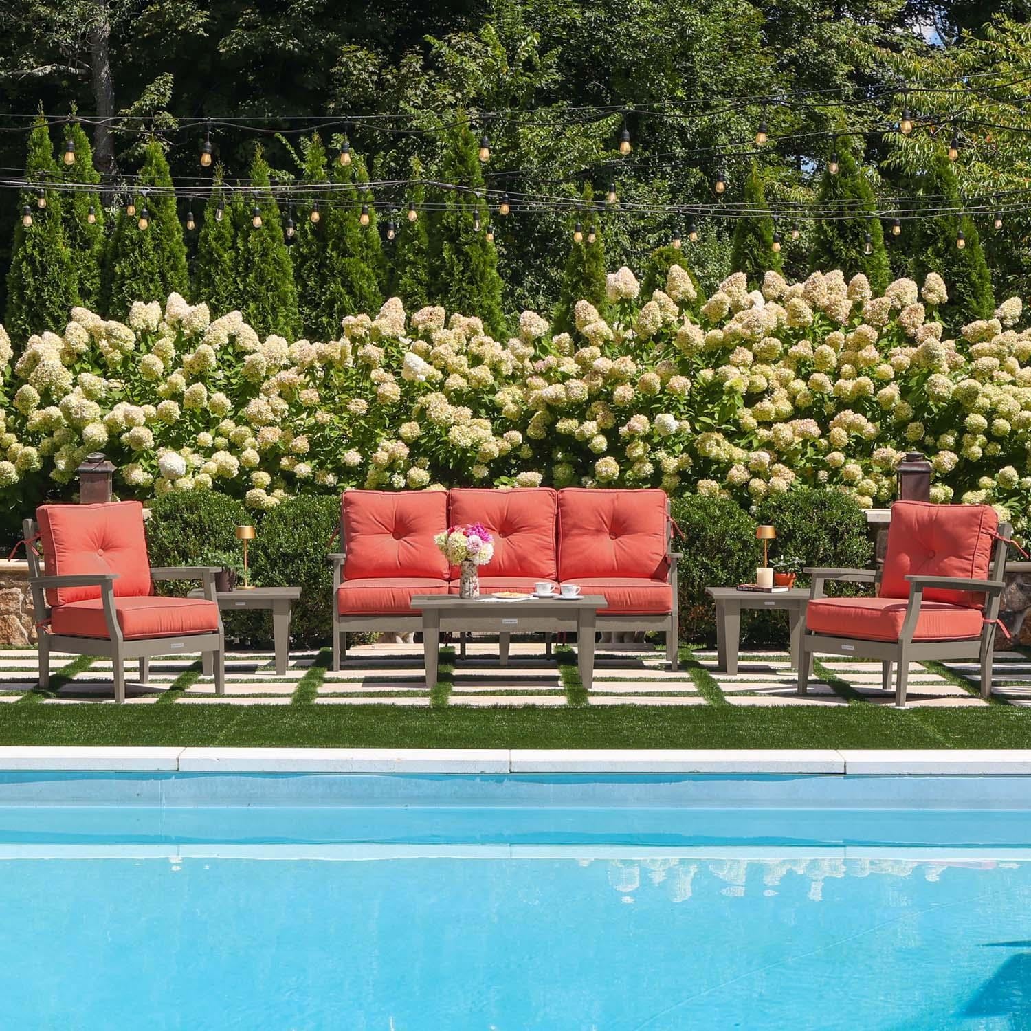 Blushing Bay 6 Pc Recycled Plastic Seating Set w/ Sofa in Canvas Persimmon/Woodland Brown by Lakeview Outdoor Designs - By the Pool - Lifestyle thumbnail