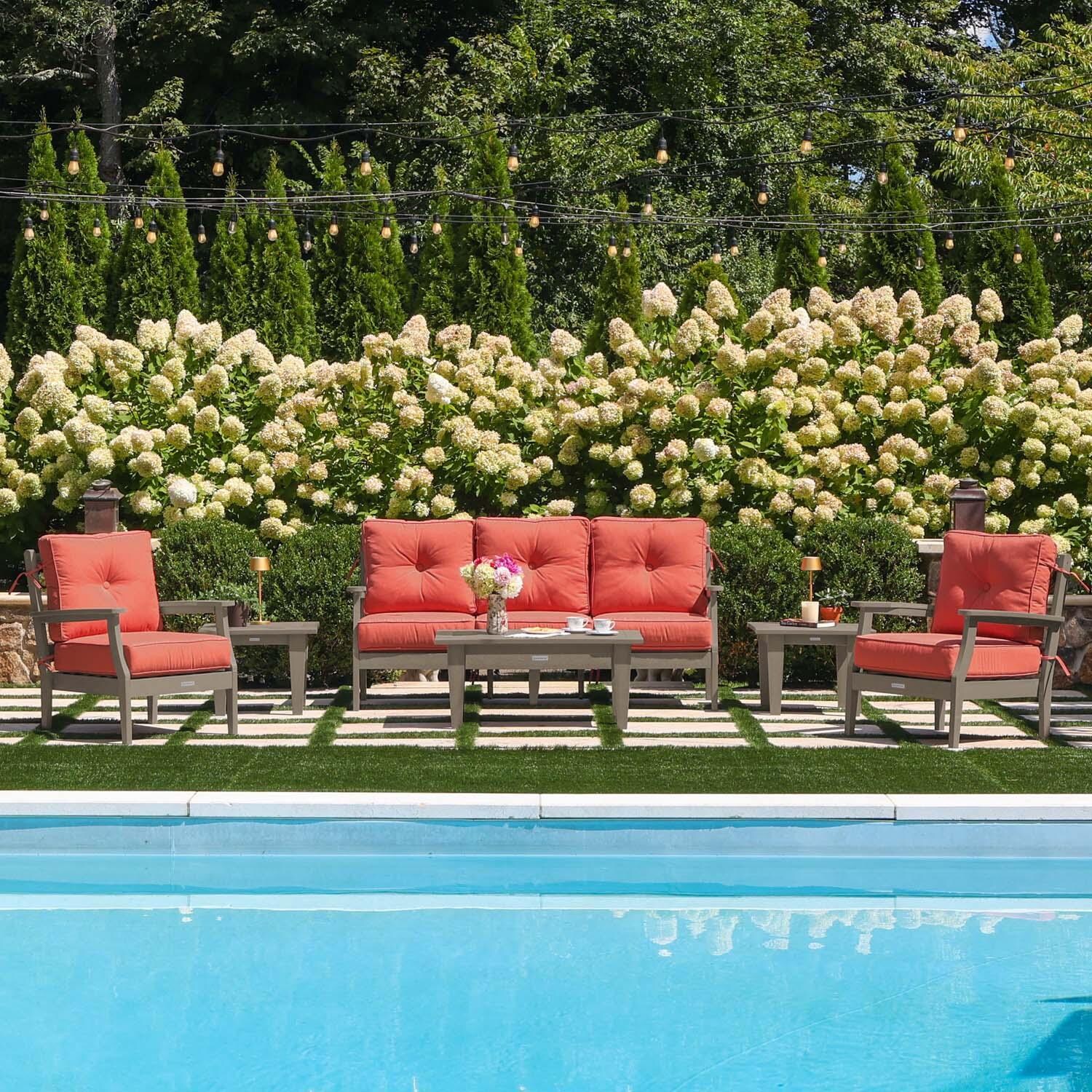 Blushing Bay 6 Pc Recycled Plastic Seating Set w/ Sofa in Canvas Persimmon/Woodland Brown by Lakeview Outdoor Designs - By the Pool - Lifestyle thumbnail