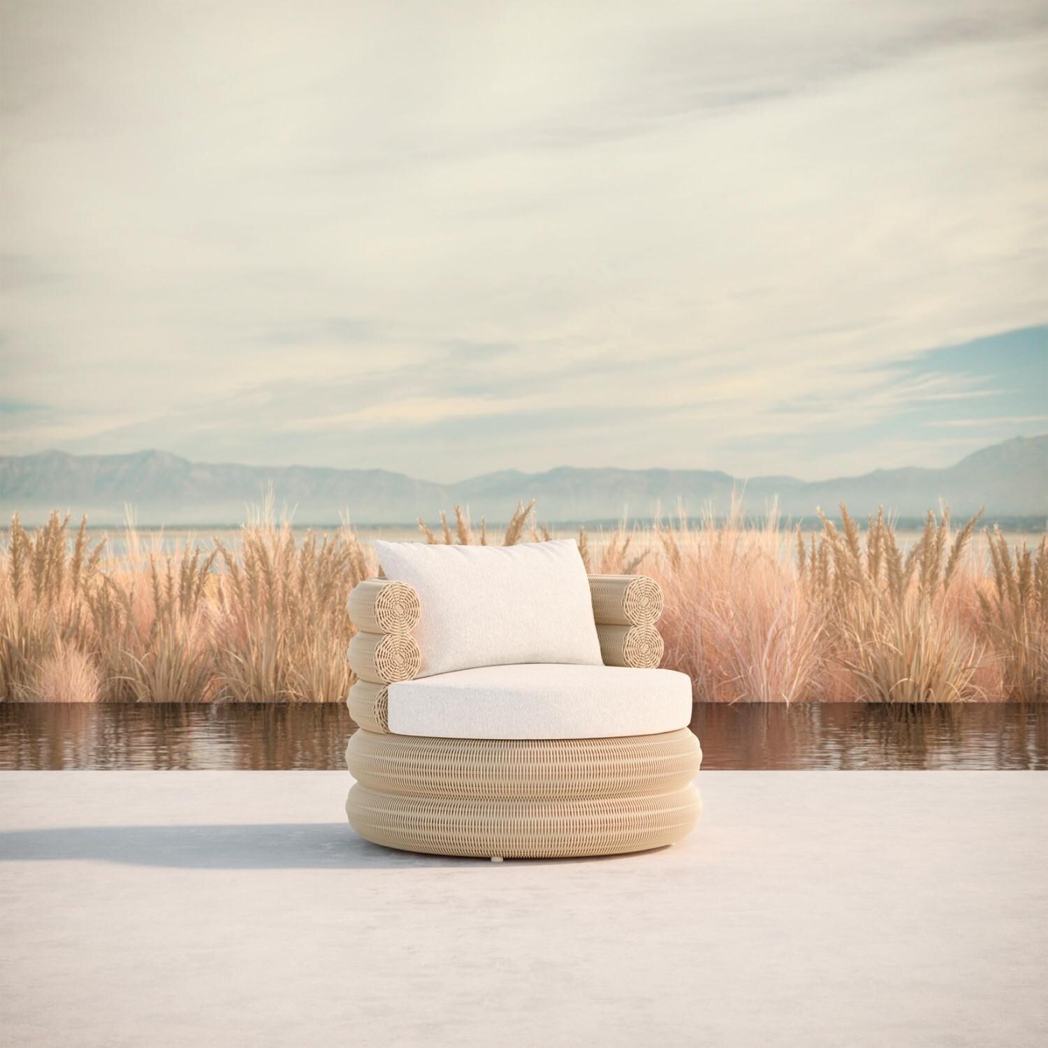 Azzurro Living TEX-W05S1S-CU Texoma Wicker Club Chair in Almond/Cloud - Hero - Lifestyle thumbnail