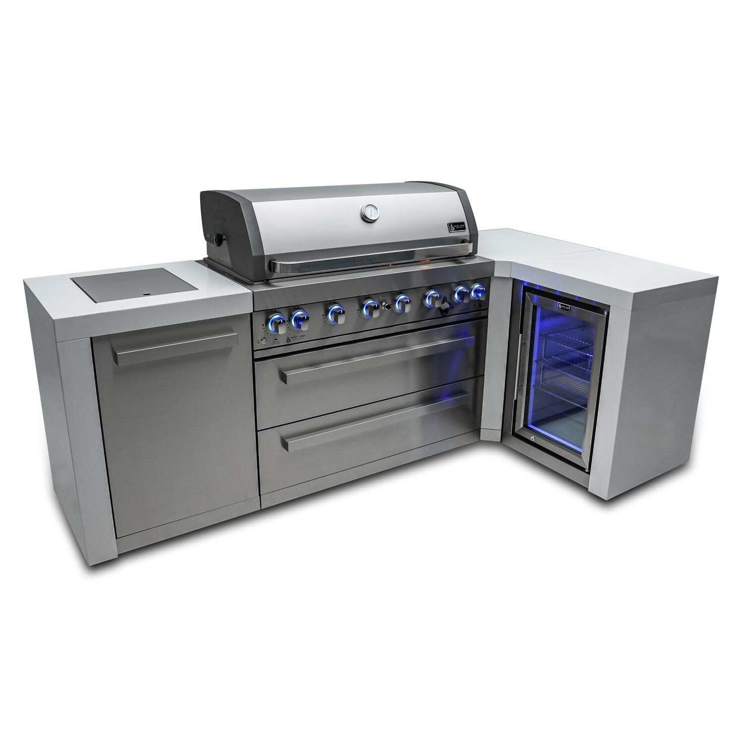 Mont Alpi MAi805-D90FC Deluxe 90 Degree Natural Gas Island Grill W/ Refrigerator Cabinet - White Background thumbnail